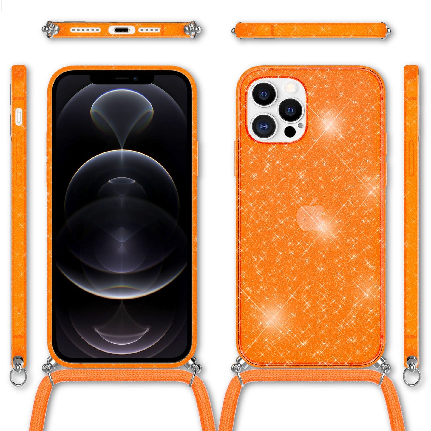 NALIA Glitzer Hülle mit Kette für iPhone 12 Pro Max, Glitter Case Kordel Cover