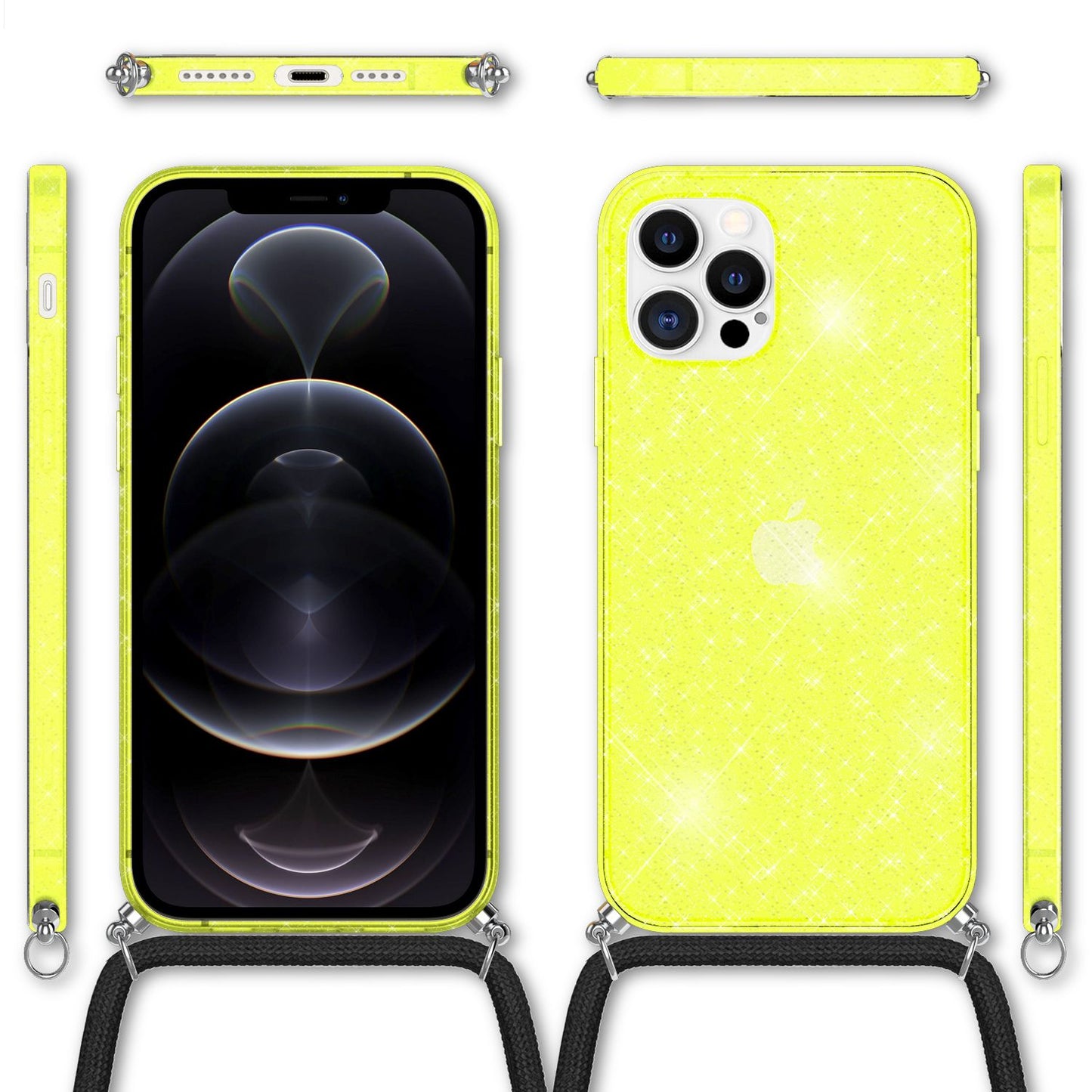 NALIA Glitzer Hülle mit Kette für iPhone 12 Pro Max, Glitter Case Kordel Cover