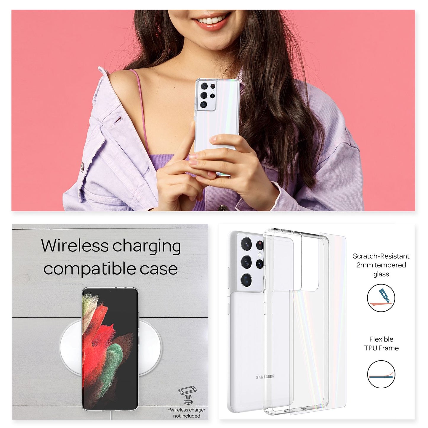 NALIA Glas Case für Samsung Galaxy S21 Ultra, Transparent Regenbogen Case Cover