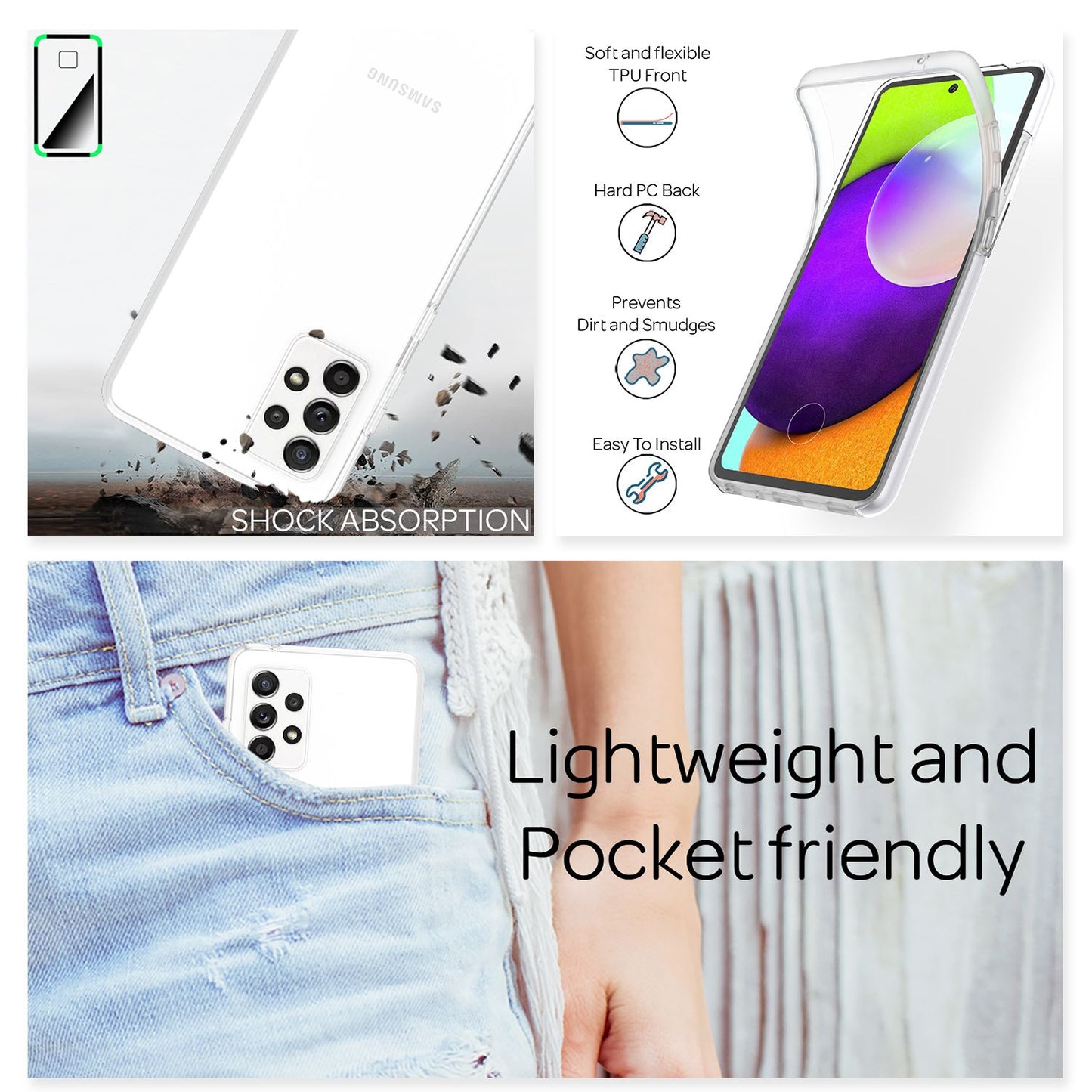 NALIA 360 Grad Handy Hülle für Galaxy A52 5G / A52, Transparent Full Cover Case