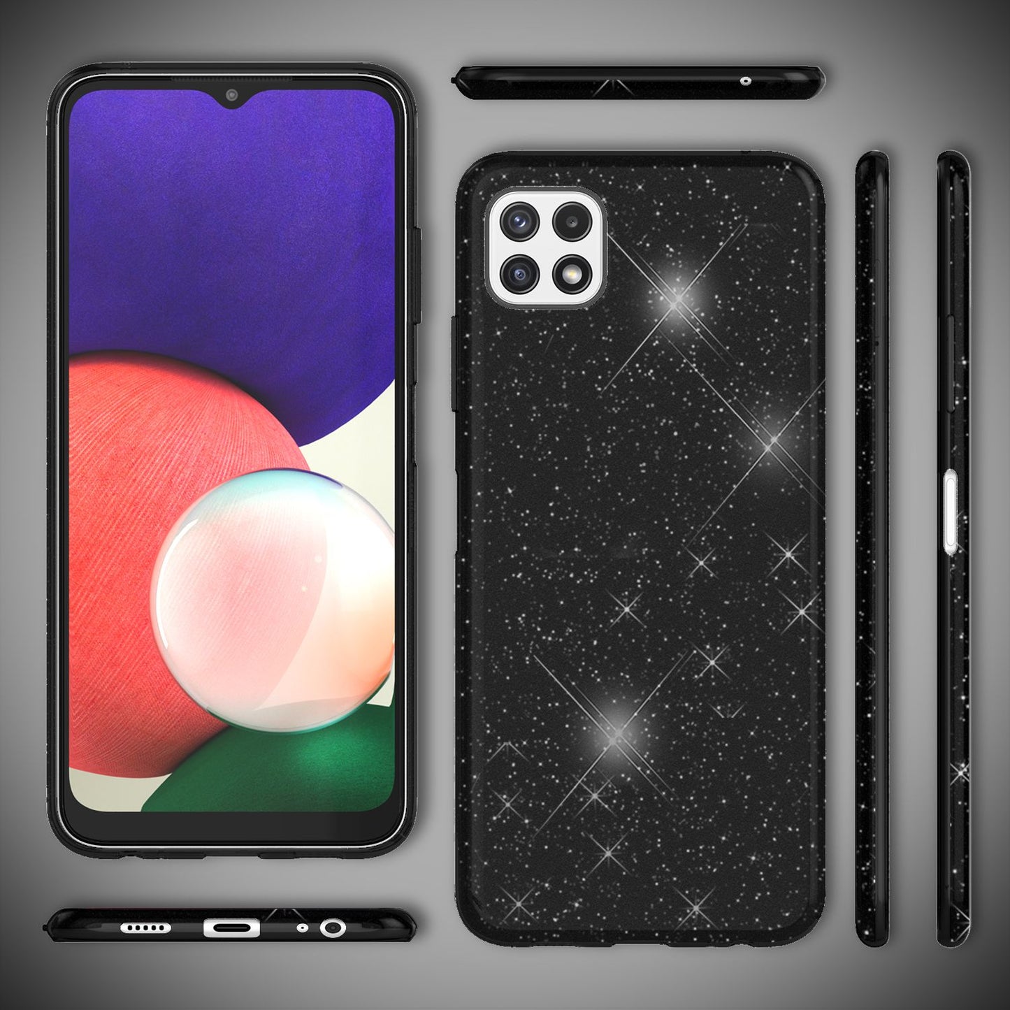 NALIA Robuste Glitzerhülle für Samsung Galaxy A22 5G, Stoßfest Glänzend, Verstärkte Silikonhülle