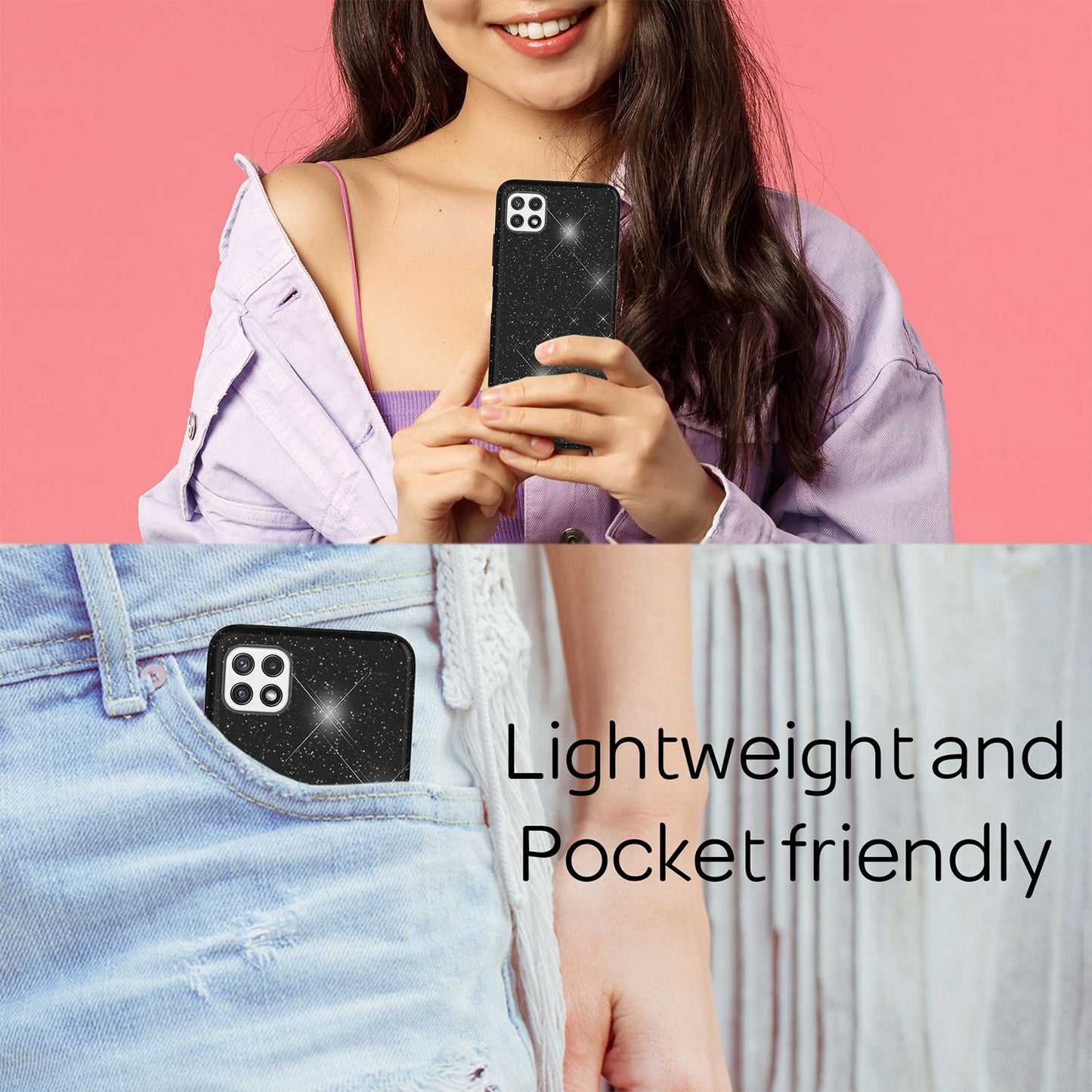 NALIA Robuste Glitzerhülle für Samsung Galaxy A22 5G, Stoßfest Glänzend, Verstärkte Silikonhülle