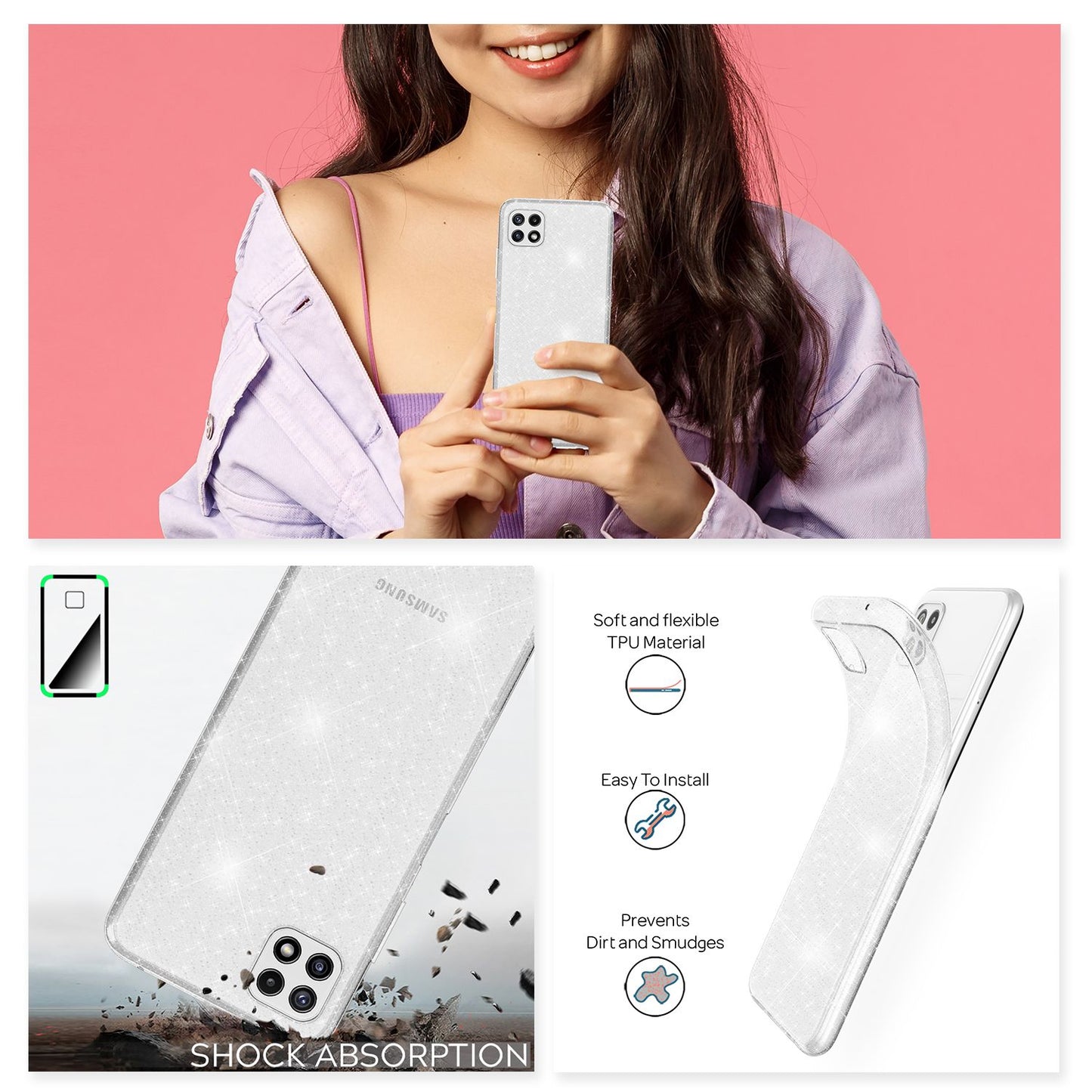 NALIA Klare Glitzerhülle Diamant Cover Galaxy A22 5G - Transparent Vergilbungsfrei Dünn