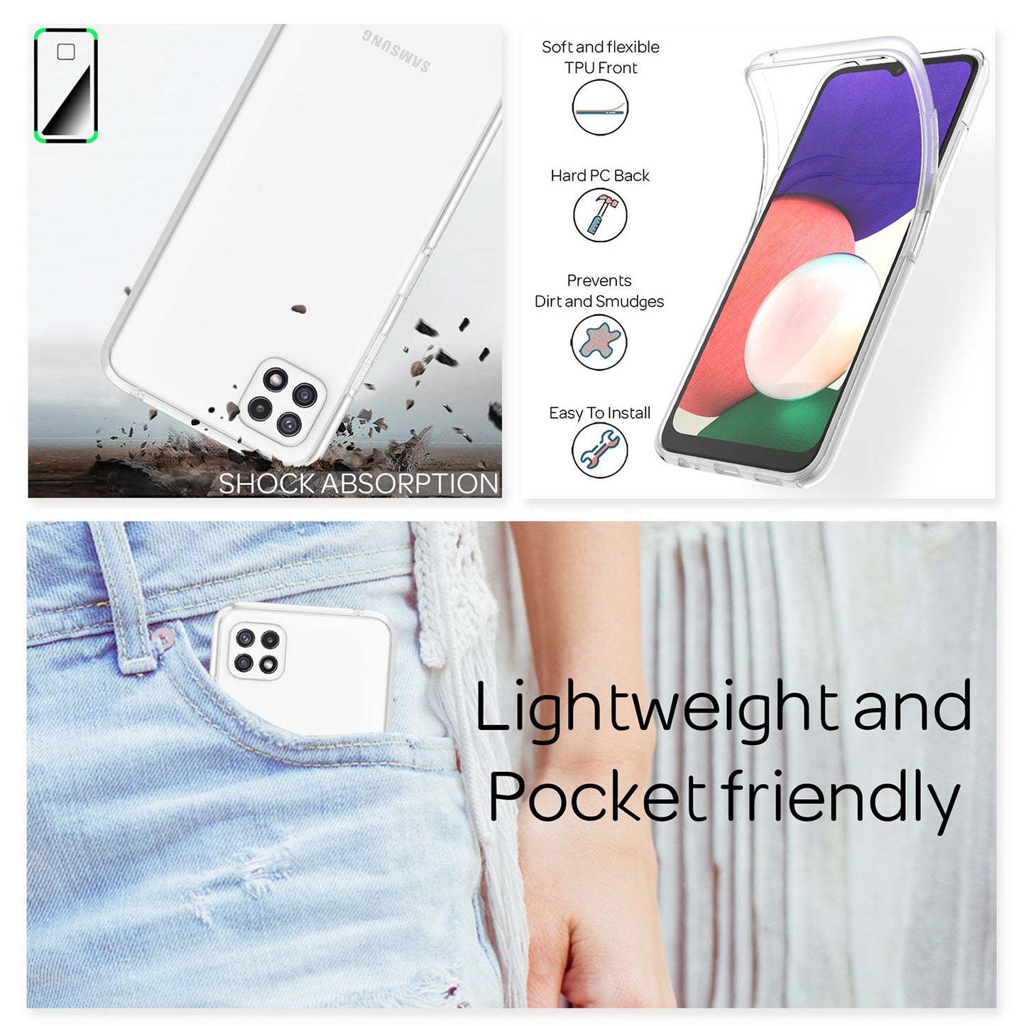 NALIA Klare 360 Grad Schutzhülle - Galaxy A22 5G Transparent Hardcase Silikon Bumper