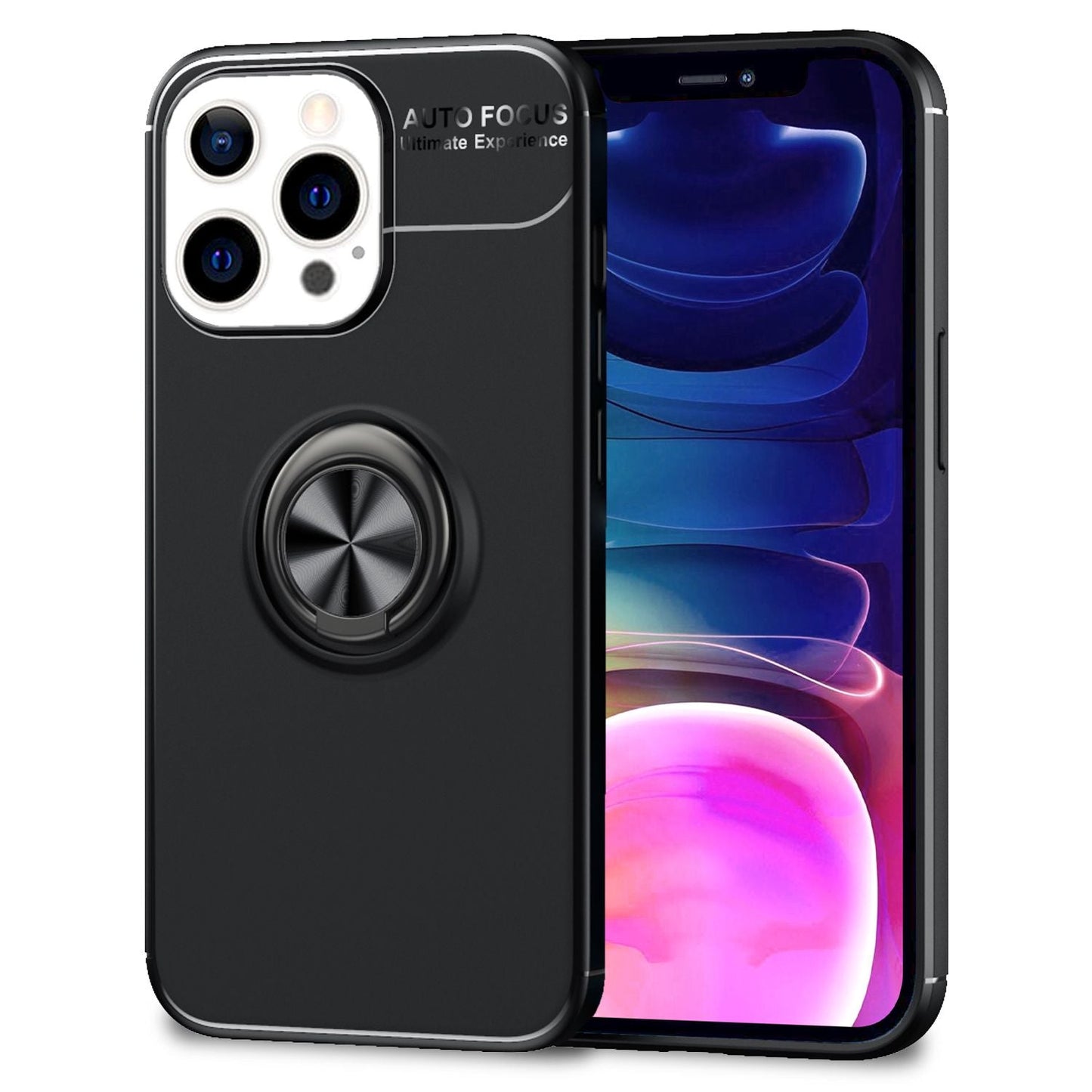 NALIA Schwarze Handy Hülle für iPhone 13 Pro Max, 360° Ring Case Kickstand Cover