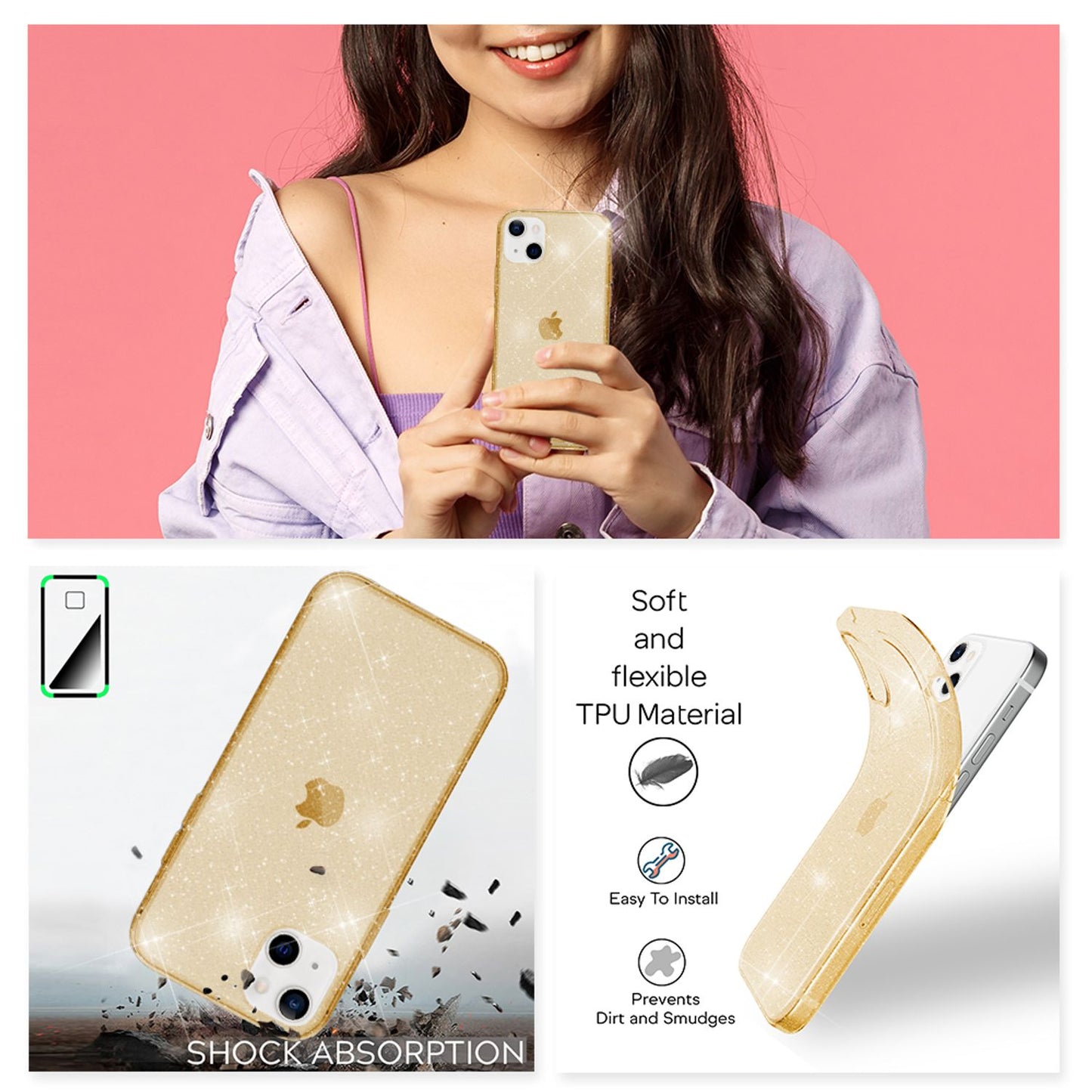 NALIA Glitzer Hülle für iPhone 13 Mini, Transparent Glitter Cover Handy Case