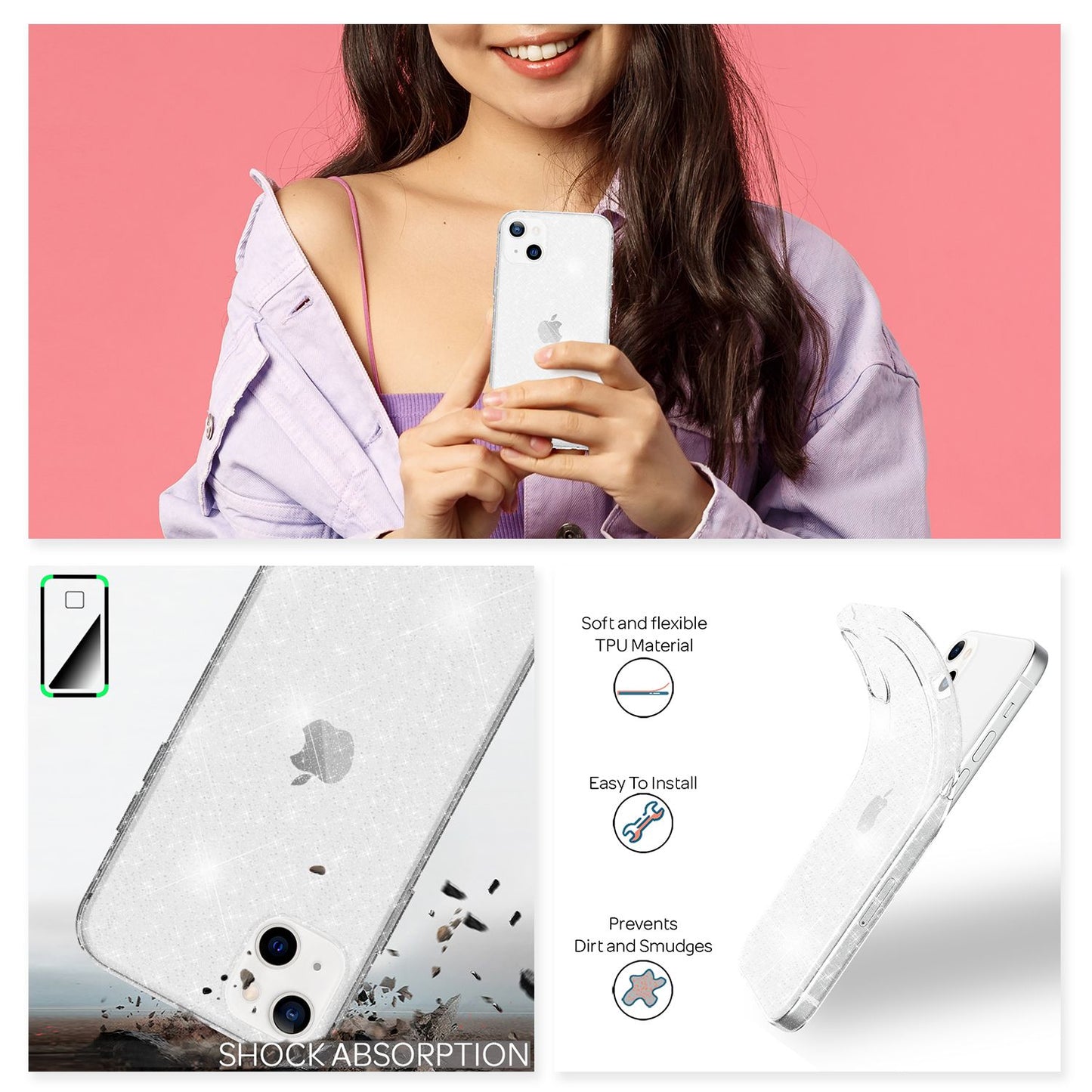 NALIA Glitzer Hülle für iPhone 13, Transparent Glitter Cover Handy Case Bumper