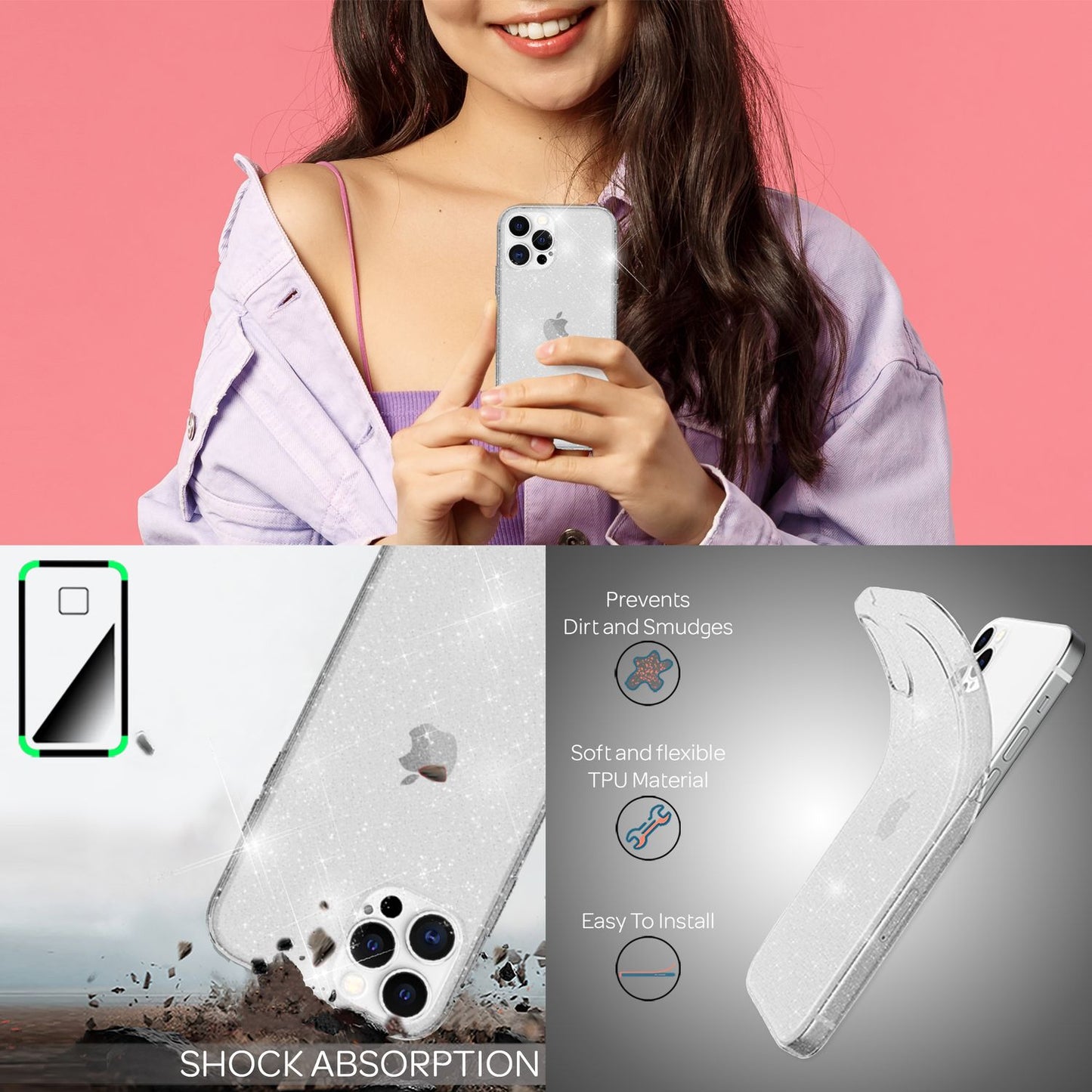 NALIA Glitzer Hülle für iPhone 13 Pro Max, Transparent Glitter Cover Handy Case