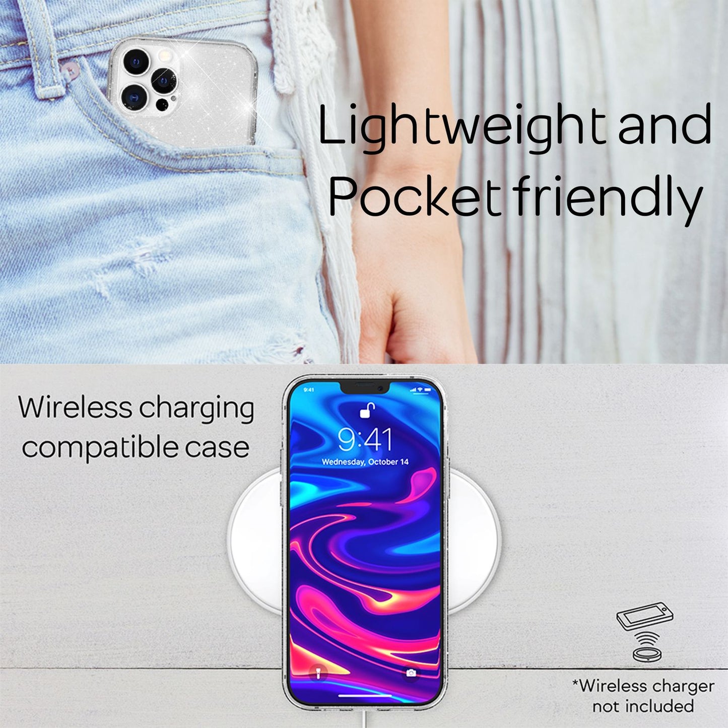 NALIA Glitzer Hülle für iPhone 13 Pro, Transparent Glitter Cover Handy Case