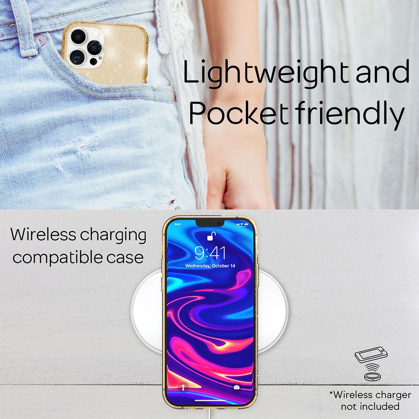 NALIA Glitzer Hülle für iPhone 13 Pro, Transparent Glitter Cover Handy Case