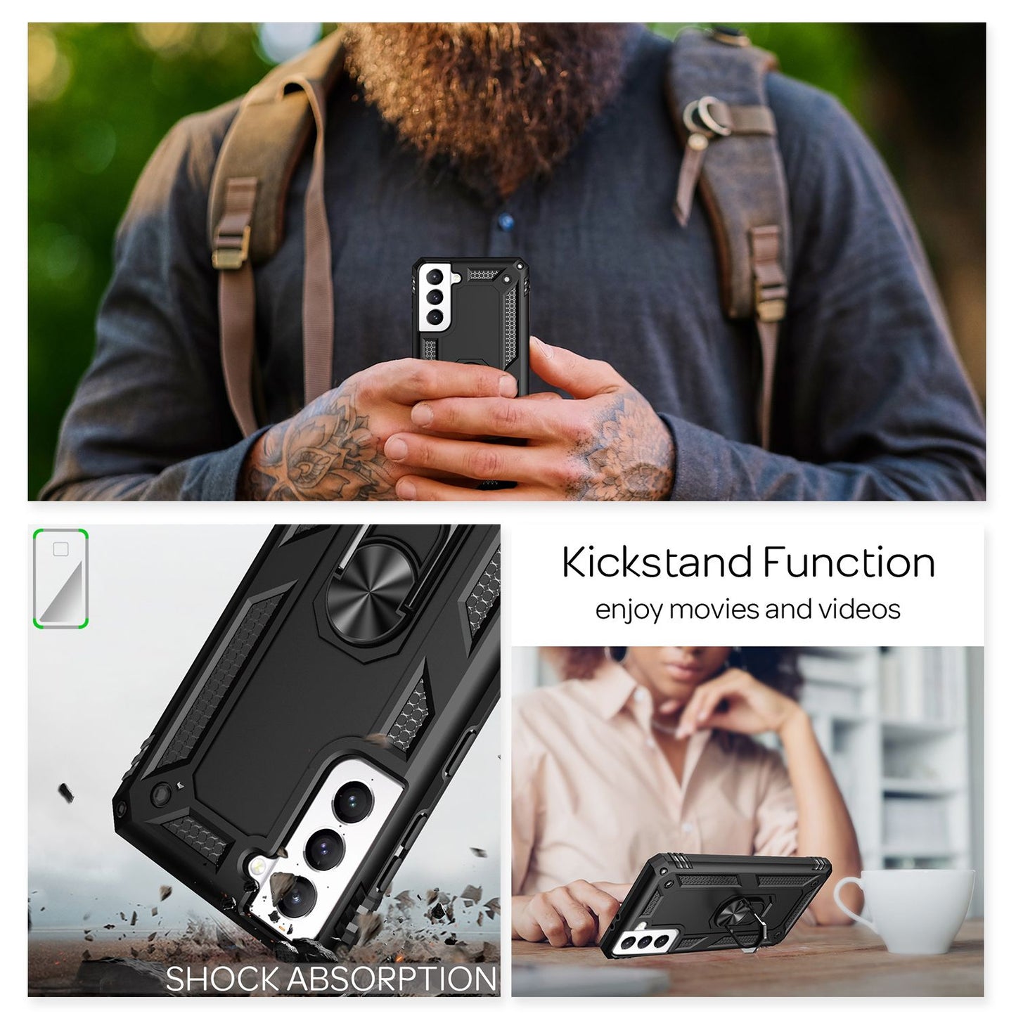 NALIA Military-Style Ringhülle für Samsung Galaxy S21 FE, Extrem Schützend Stoßfest Robust, 360° Ring für Standfunktion