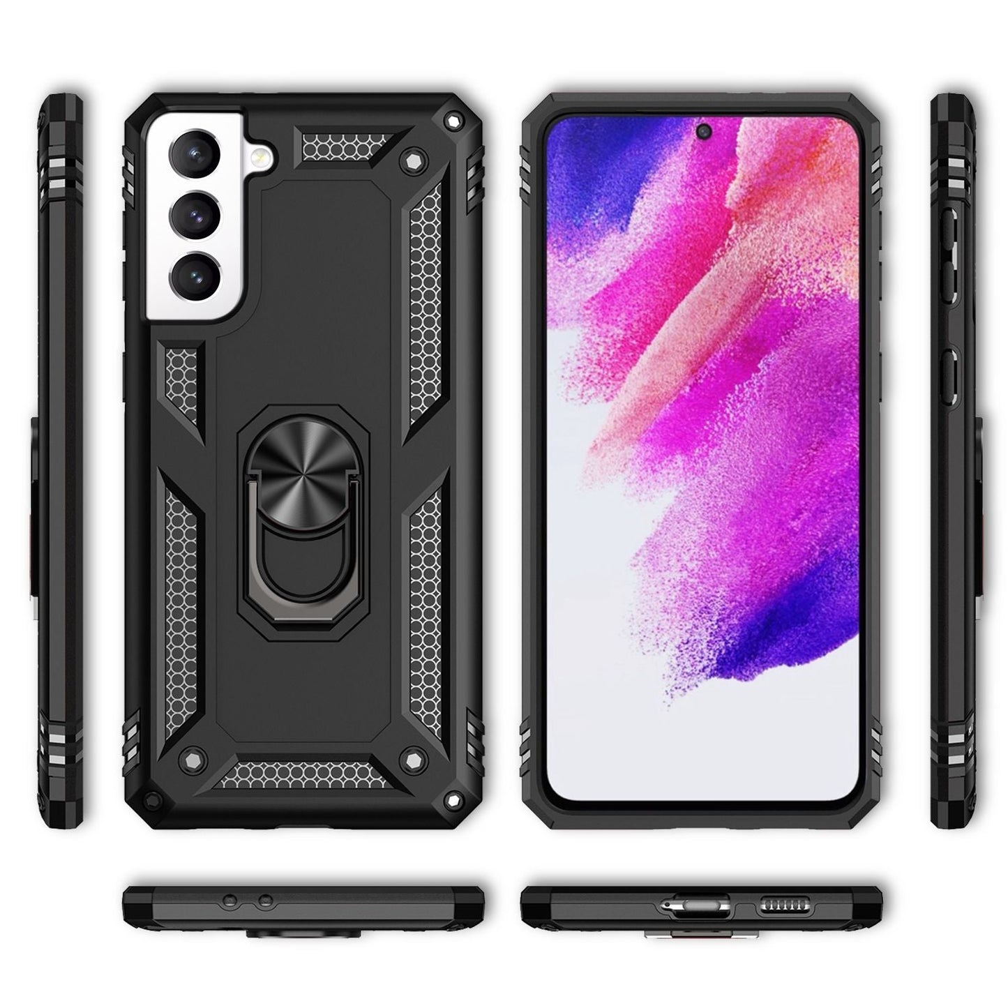 NALIA Military-Style Ringhülle für Samsung Galaxy S21 FE, Extrem Schützend Stoßfest Robust, 360° Ring für Standfunktion