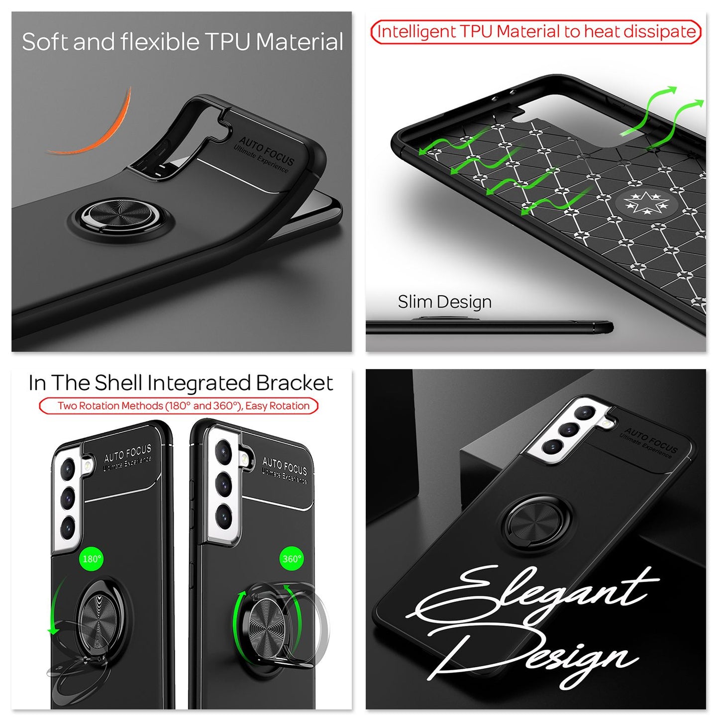 NALIA Galaxy S21 FE Grip360 Hülle Schwarz - 360° Ringhalter, Matte Oberfläche, Passgenau