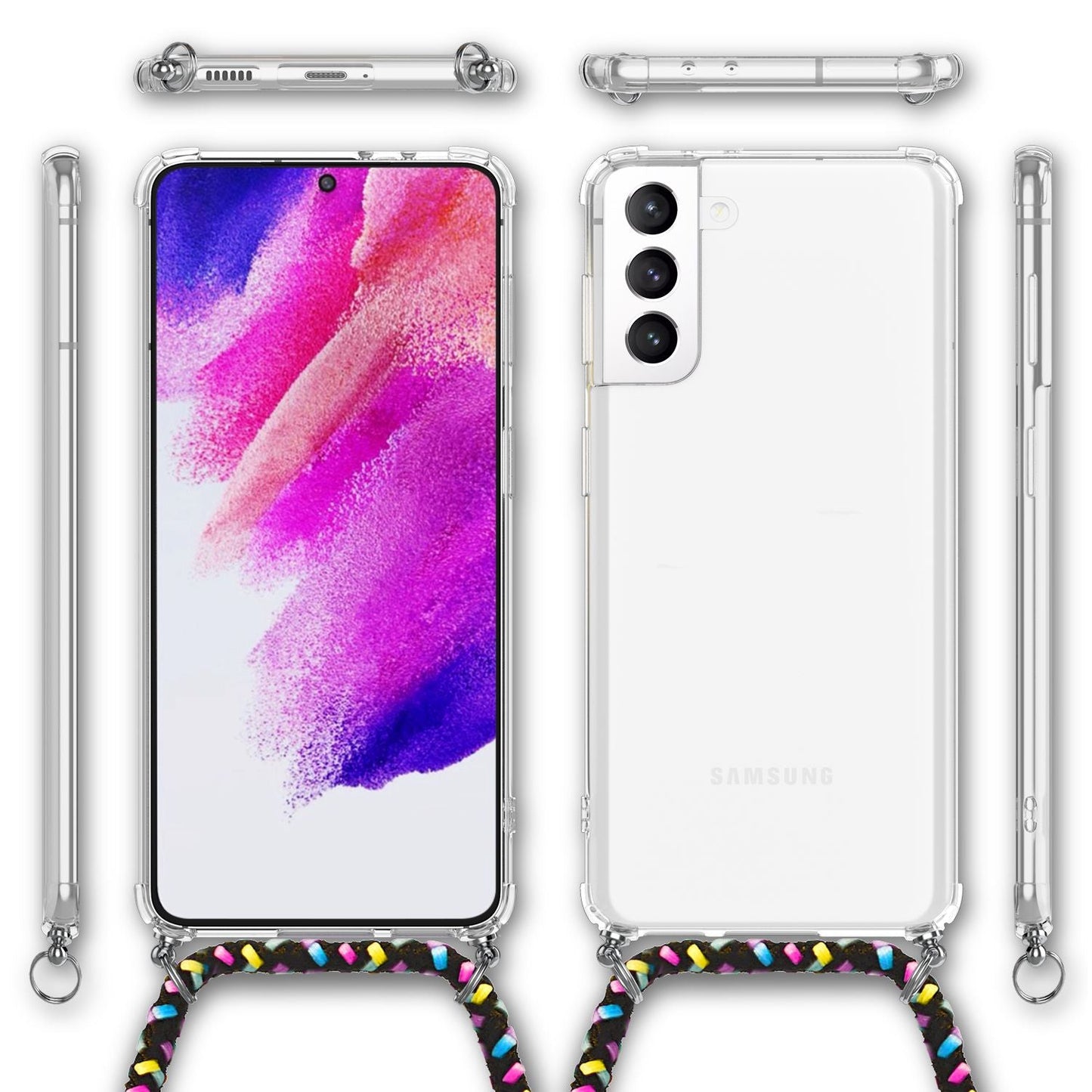 NALIA Handyhülle mit Kette für Samsung Galaxy S21 FE, Transparente Schutzhülle & Handy-Schnur zum Umhängen, Robust Vergilbungsfrei Klar