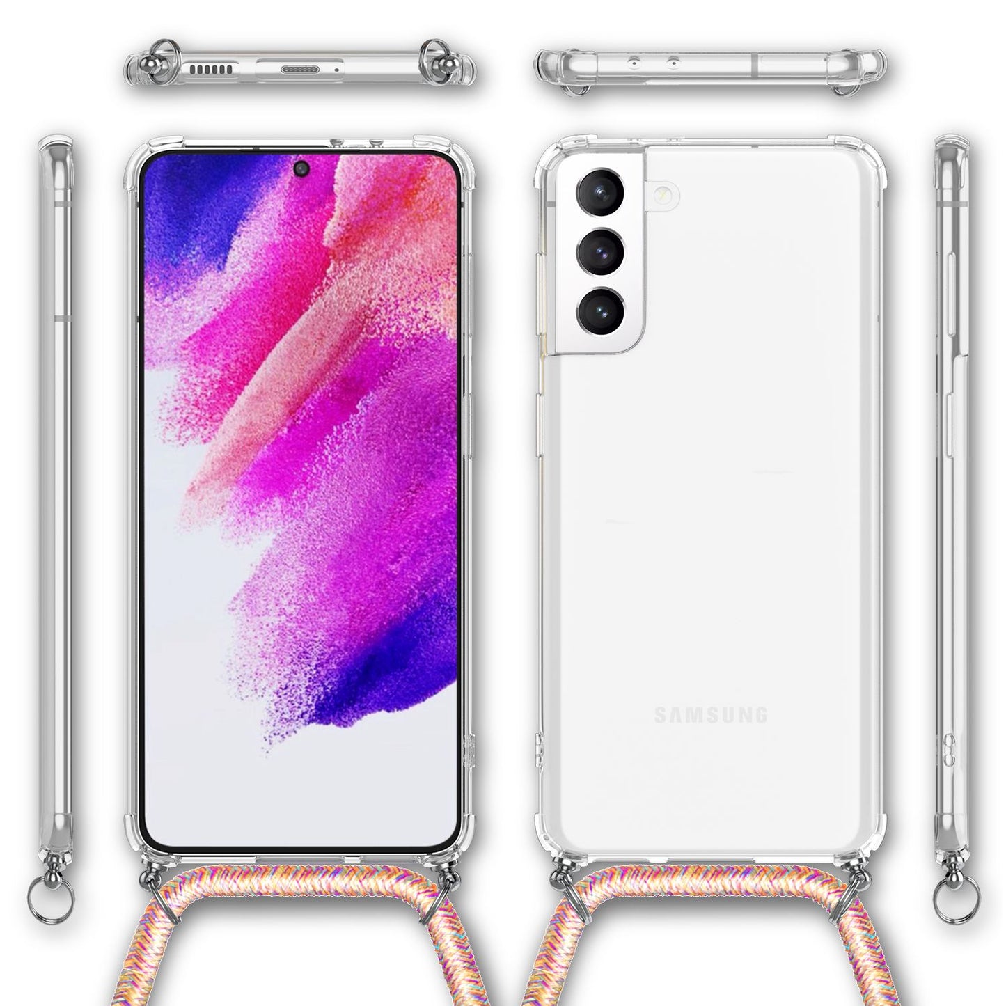 NALIA Handyhülle mit Kette für Samsung Galaxy S21 FE, Transparente Schutzhülle & Handy-Schnur zum Umhängen, Robust Vergilbungsfrei Klar