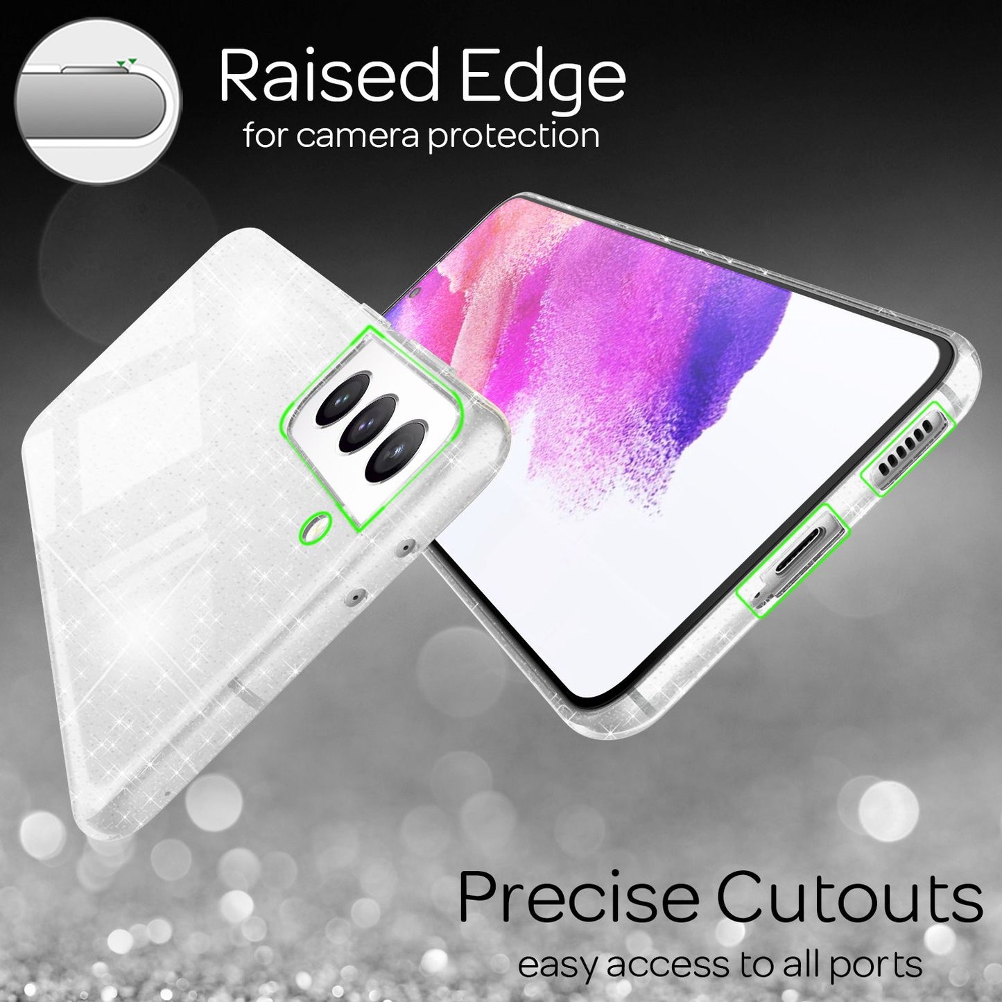 NALIA Klare Glitzerhülle - Galaxy S21 FE Transparent, Glitter-Effekt, Größe 6,4 Zoll