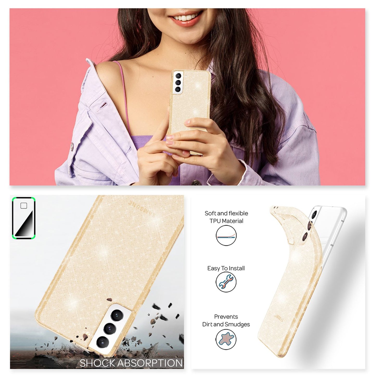 NALIA Klare Glitzerhülle - Galaxy S21 FE Transparent, Glitter-Effekt, Größe 6,4 Zoll