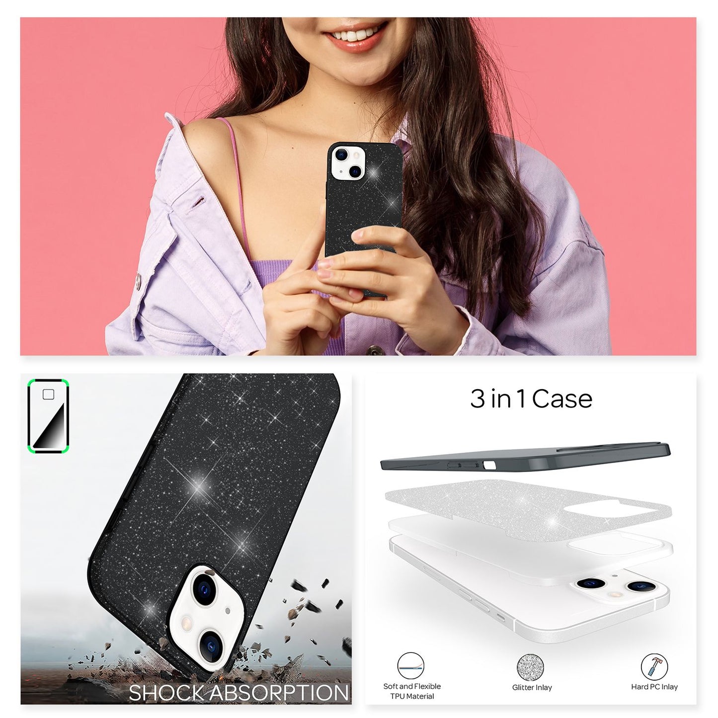 NALIA Husă robustă cu sclipici pentru iPhone 13 Mini, husă de protecție hibridă cu sclipici strălucitor, husă din silicon ranforsat