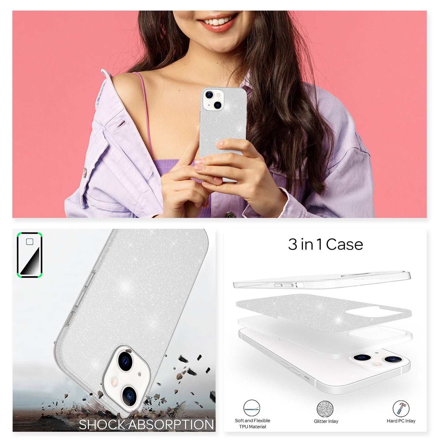 NALIA Husă robustă cu sclipici pentru iPhone 13 Mini, husă de protecție hibridă cu sclipici strălucitor, husă din silicon ranforsat