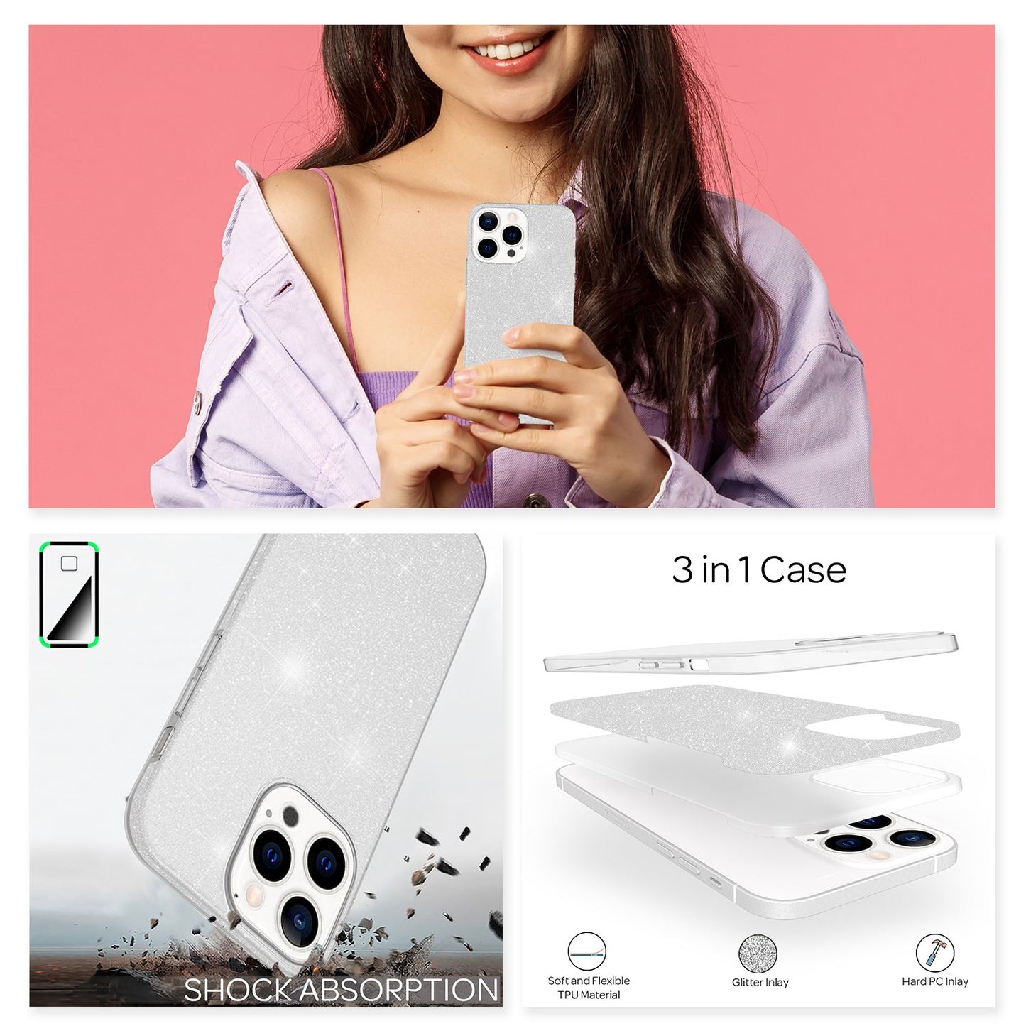 NALIA Robuste Glitzerhülle für iPhone 13 Pro Max, Stoßfeste Glänzende Glitzer Schutzhülle Verstärkte Silikonhülle