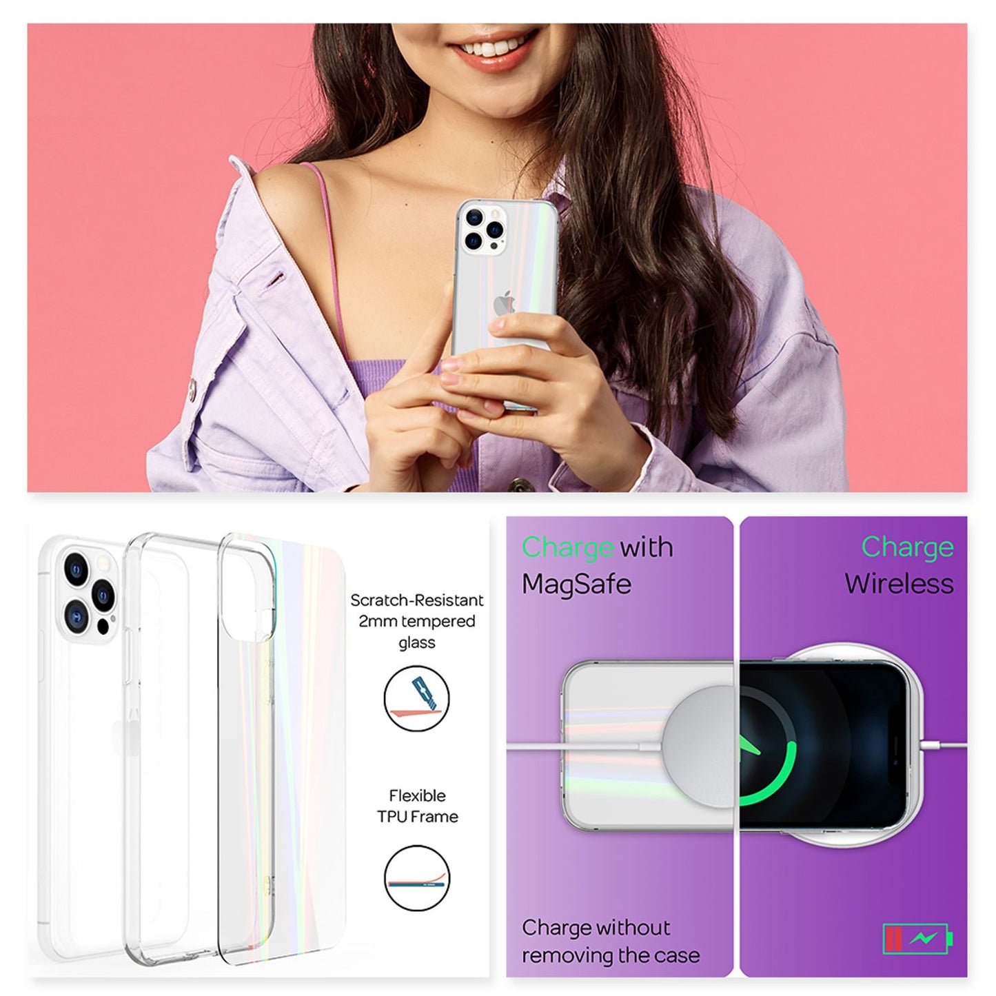 Husă NALIA din sticlă securizată transparentă cu efect curcubeu - Pentru iPhone 13 Pro Max, sticlă securizată rezistentă la zgârieturi