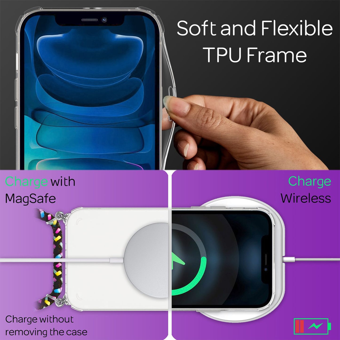 NALIA Handyhülle mit Kette für iPhone 13 Mini, Transparentes Hardcase & Handy-Schnur