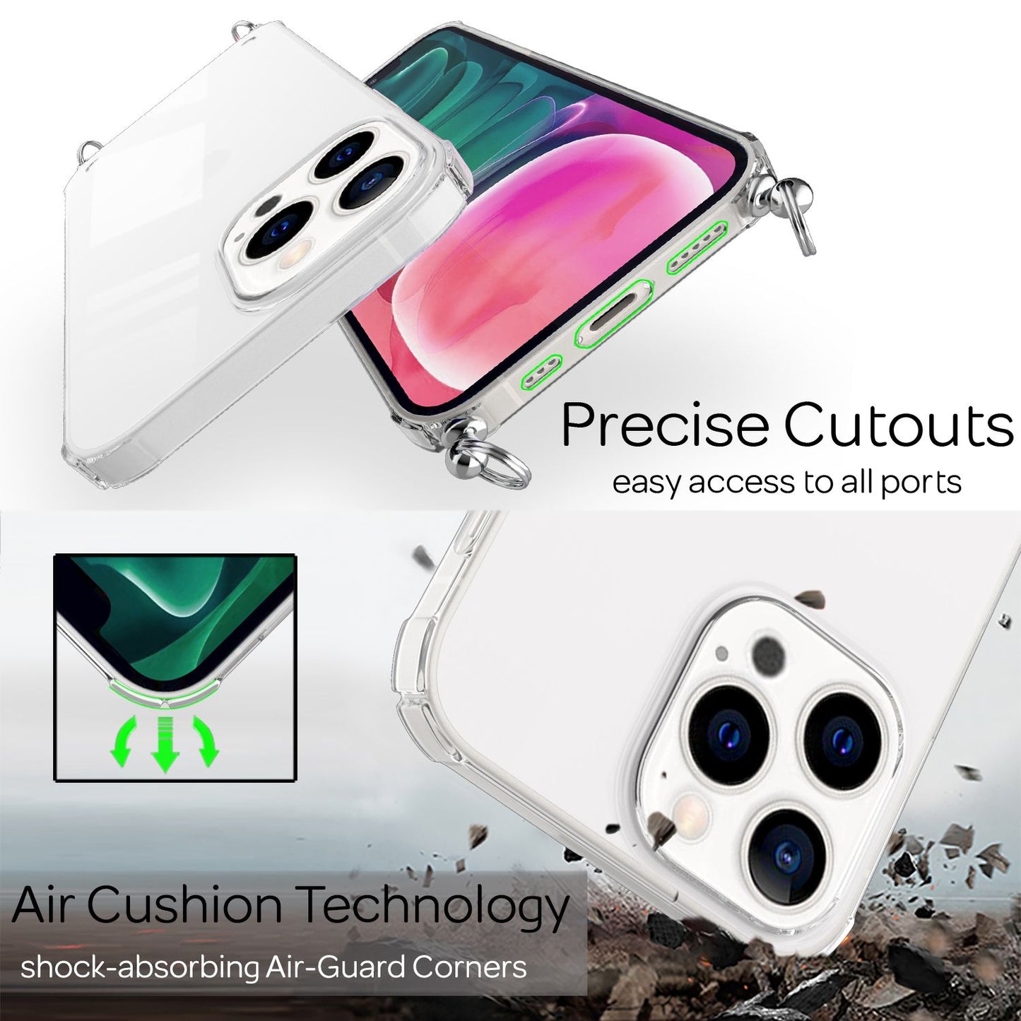 NALIA Handyhülle mit Kette für iPhone 13 Pro, Transparentes Hardcase & Handy-Schnur