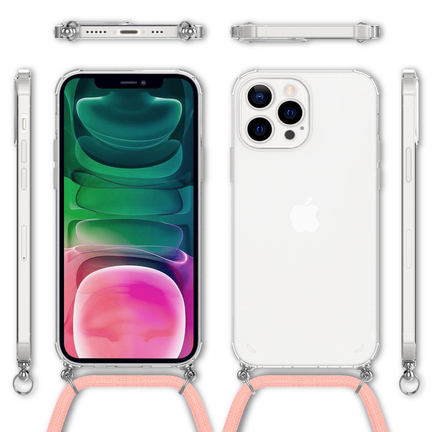 NALIA Handyhülle mit Kette für iPhone 13 Pro, Transparentes Hardcase & Handy-Schnur