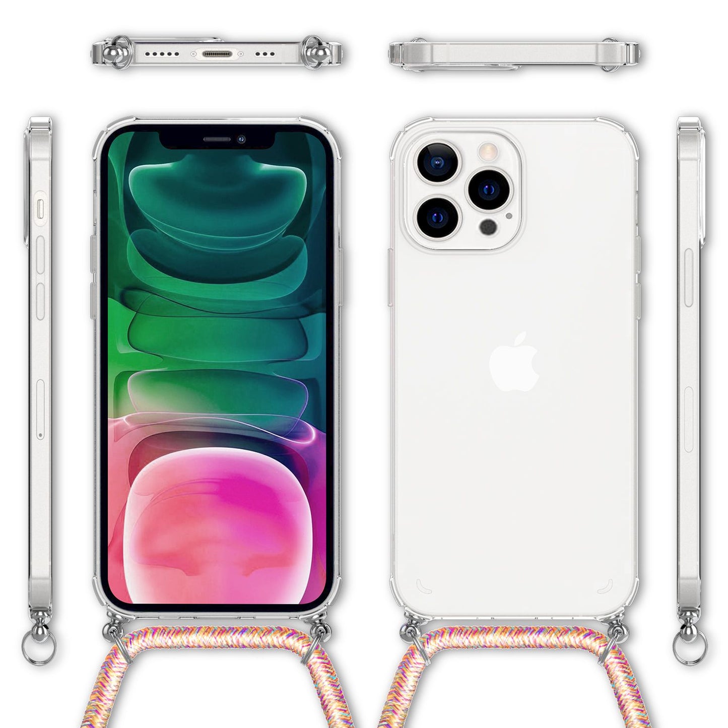 NALIA Handyhülle mit Kette für iPhone 13 Pro, Transparentes Hardcase & Handy-Schnur