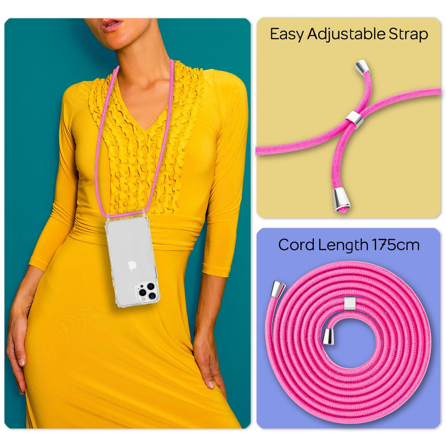 NALIA Husă hibridă transparentă cu lanț pentru iPhone 13 Pro, husă rigidă transparentă anti-gălbenire, robustă, cu colțuri întărite și ramă din silicon, husă de protecție rezistentă la șocuri și cablu de telefon