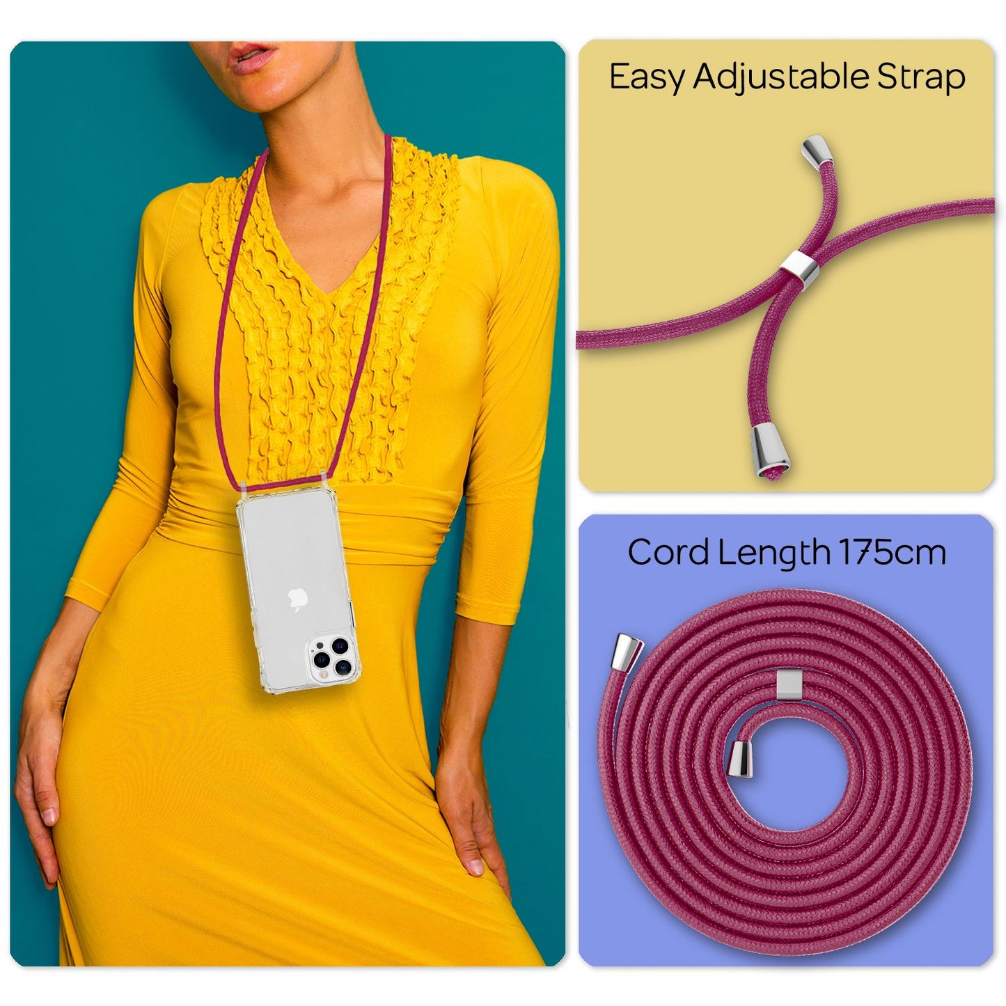 NALIA Klares Hybrid Case mit Kette für iPhone 13 Pro Max, Transparent Anti-Gelb Robust Verstärkte Ecken Hardcase & Silikon Rahmen, Stoßfeste Schutzhülle & Handy-Schnur