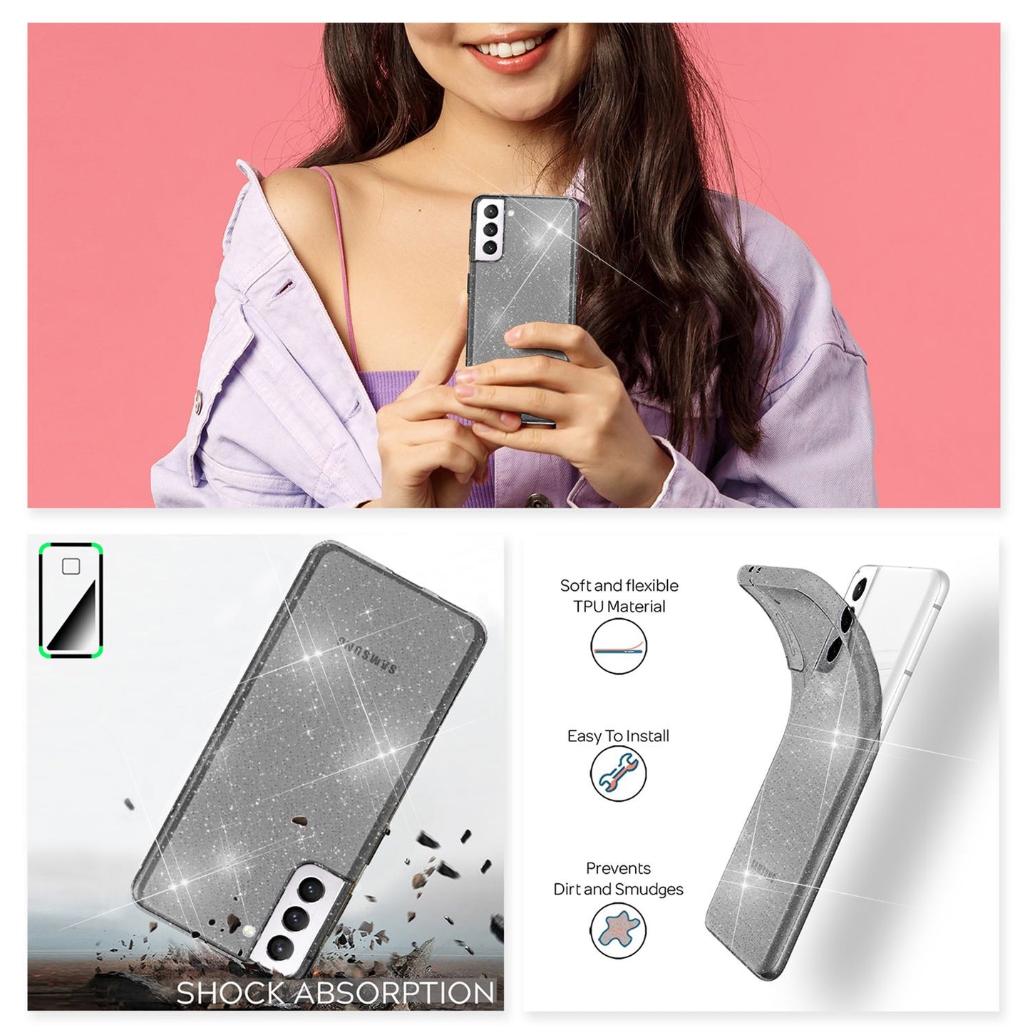 NALIA Klare Glitzerhülle für Samsung Galaxy S22, Durchsichtig Vergilbungsfrei