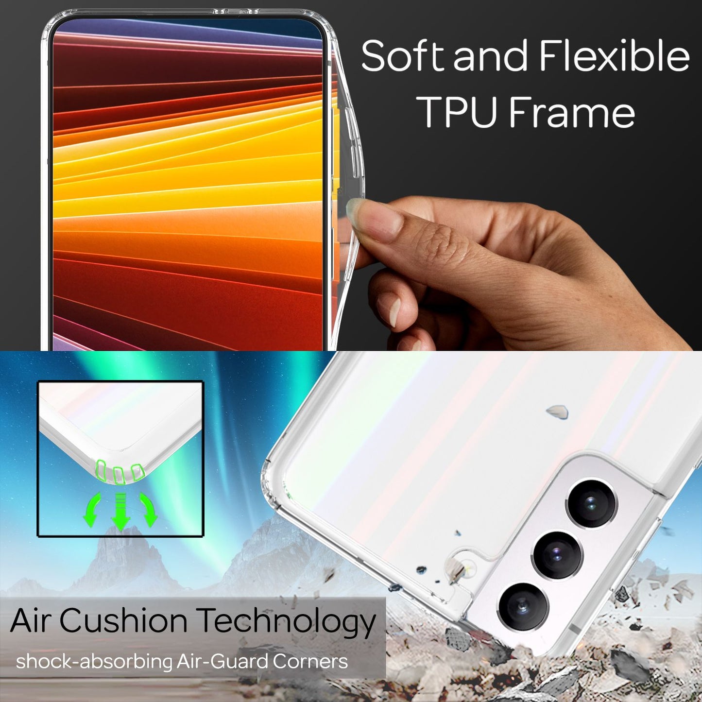 NALIA Klares Hartglas Case für Samsung Galaxy S22 Plus, Regenbogen Effekt Transparent Anti-Gelb Tempered Glass & Silikon Bumper, Handyhülle Schutzhülle