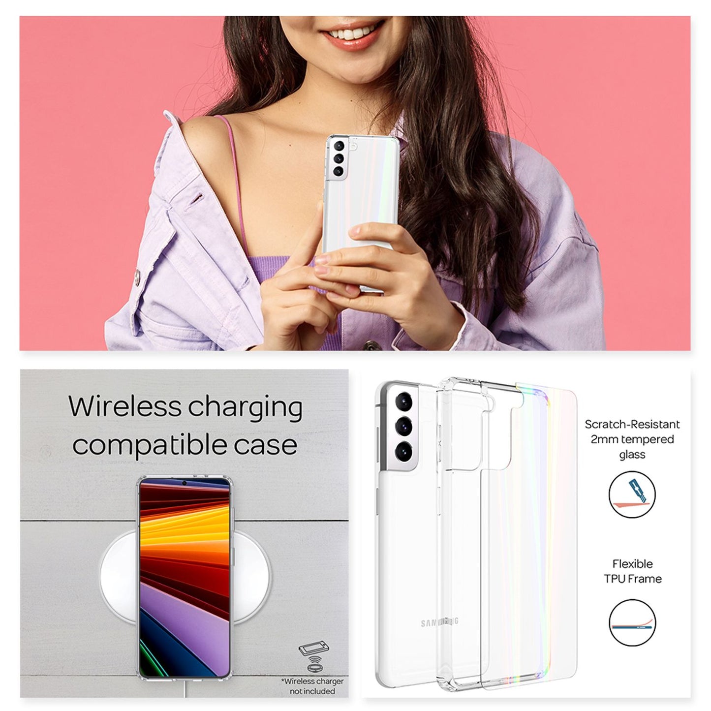 NALIA Klares Hartglas Case für Samsung Galaxy S22 Plus, Regenbogen Effekt Transparent Anti-Gelb Tempered Glass & Silikon Bumper, Handyhülle Schutzhülle