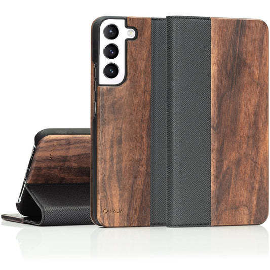 NALIA Echt-Holz Flipcase für Samsung Galaxy S22, FSC zert. Natur Holzhülle mit Standfunktion & Kartenfach, Premium Wood Case Wallet Rundum-Schutz Hülle Handyhülle Klapphülle Etui - Walnuss