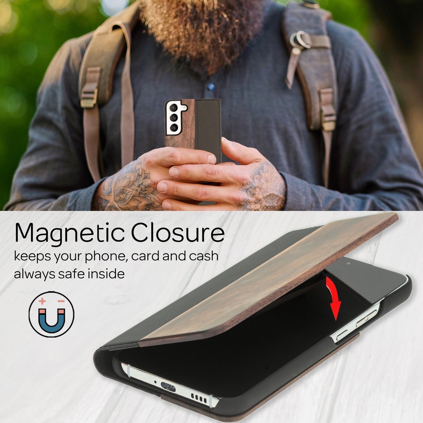 Husă NALIA din lemn masiv de nuc - 2 cărți, mărimea S22 Plus, fără baterie