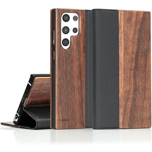 NALIA Echt-Holz Flipcase für Samsung Galaxy S22 Ultra, FSC zert. Natur Holzhülle mit Standfunktion & Kartenfach, Premium Wood Case Wallet Rundum-Schutz Hülle Handyhülle Klapphülle Etui - Walnuss