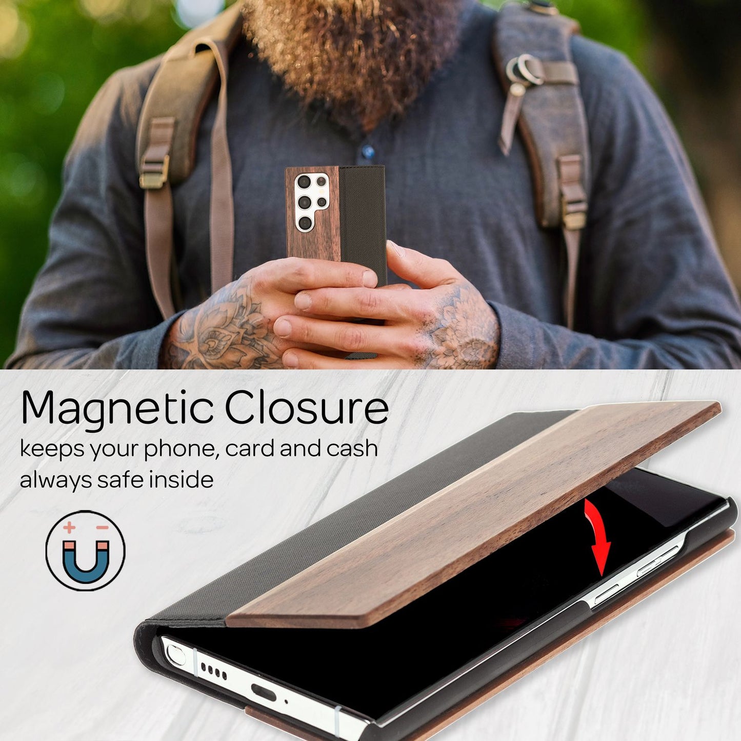 NALIA Echt-Holz Flipcase für Samsung Galaxy S22 Ultra, FSC zert. Natur Holzhülle mit Standfunktion & Kartenfach, Premium Wood Case Wallet Rundum-Schutz Hülle Handyhülle Klapphülle Etui - Walnuss