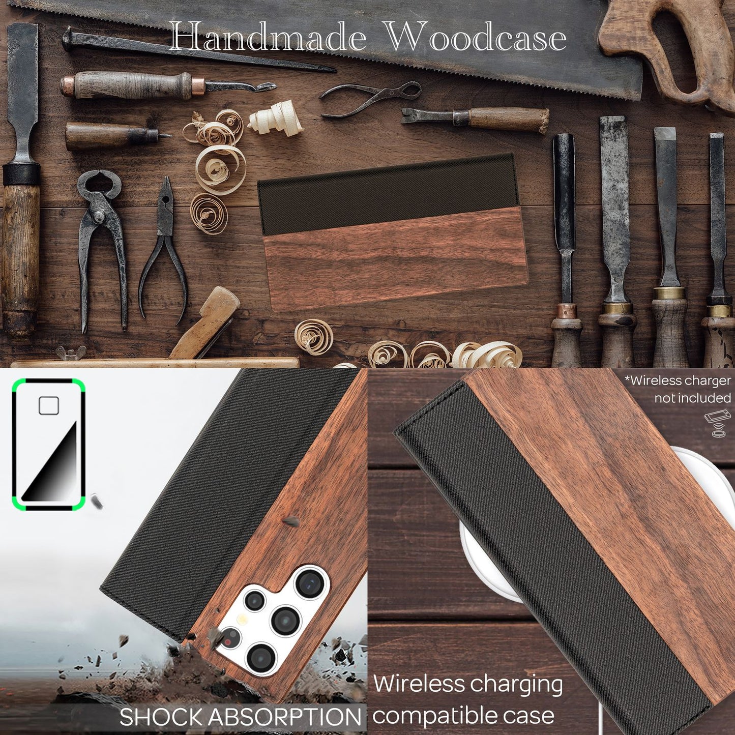NALIA Echt-Holz Flipcase für Samsung Galaxy S22 Ultra, FSC zert. Natur Holzhülle mit Standfunktion & Kartenfach, Premium Wood Case Wallet Rundum-Schutz Hülle Handyhülle Klapphülle Etui - Walnuss