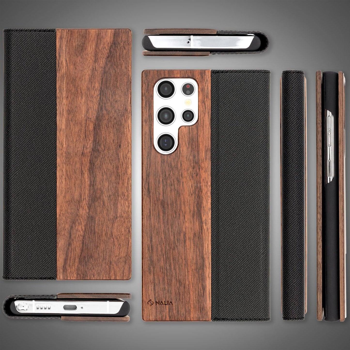 NALIA Echt-Holz Flipcase für Samsung Galaxy S22 Ultra, FSC zert. Natur Holzhülle mit Standfunktion & Kartenfach, Premium Wood Case Wallet Rundum-Schutz Hülle Handyhülle Klapphülle Etui - Walnuss