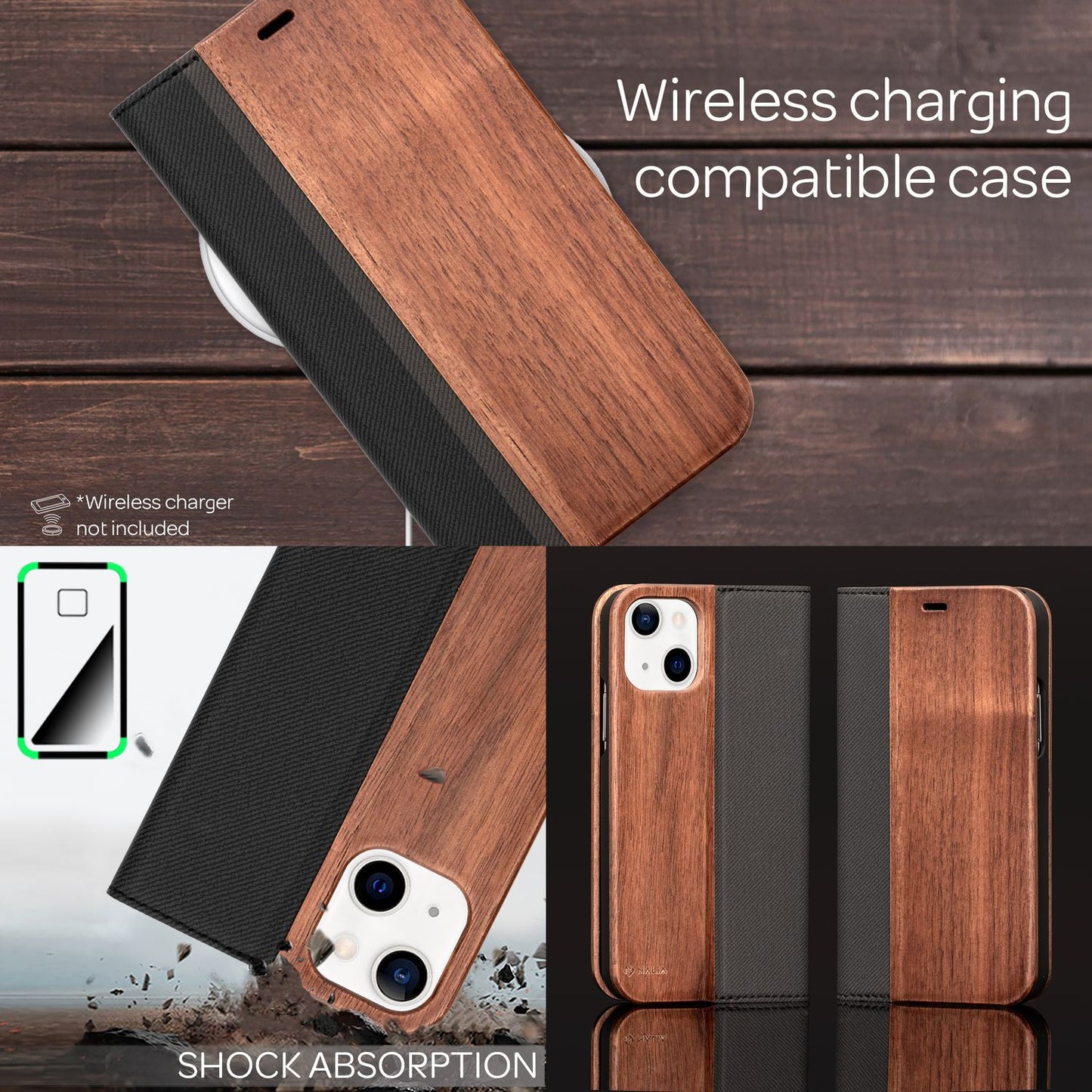 Husă WoodZ din lemn de nuc autentic cu clapă pentru iPhone 13 Mini cu funcție de suport - Capacitate: 2 cărți, Dimensiune: Compactă