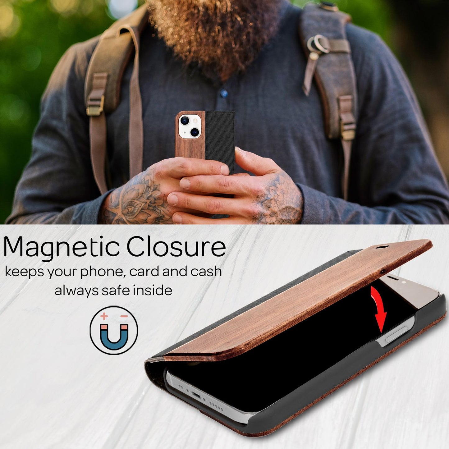 Husă NALIA din lemn masiv pentru iPhone 13 - funcție stand, slot pentru card, nuc FSC, dimensiuni aprox. 14,6 x 7,1 cm, greutate aprox. 40 g