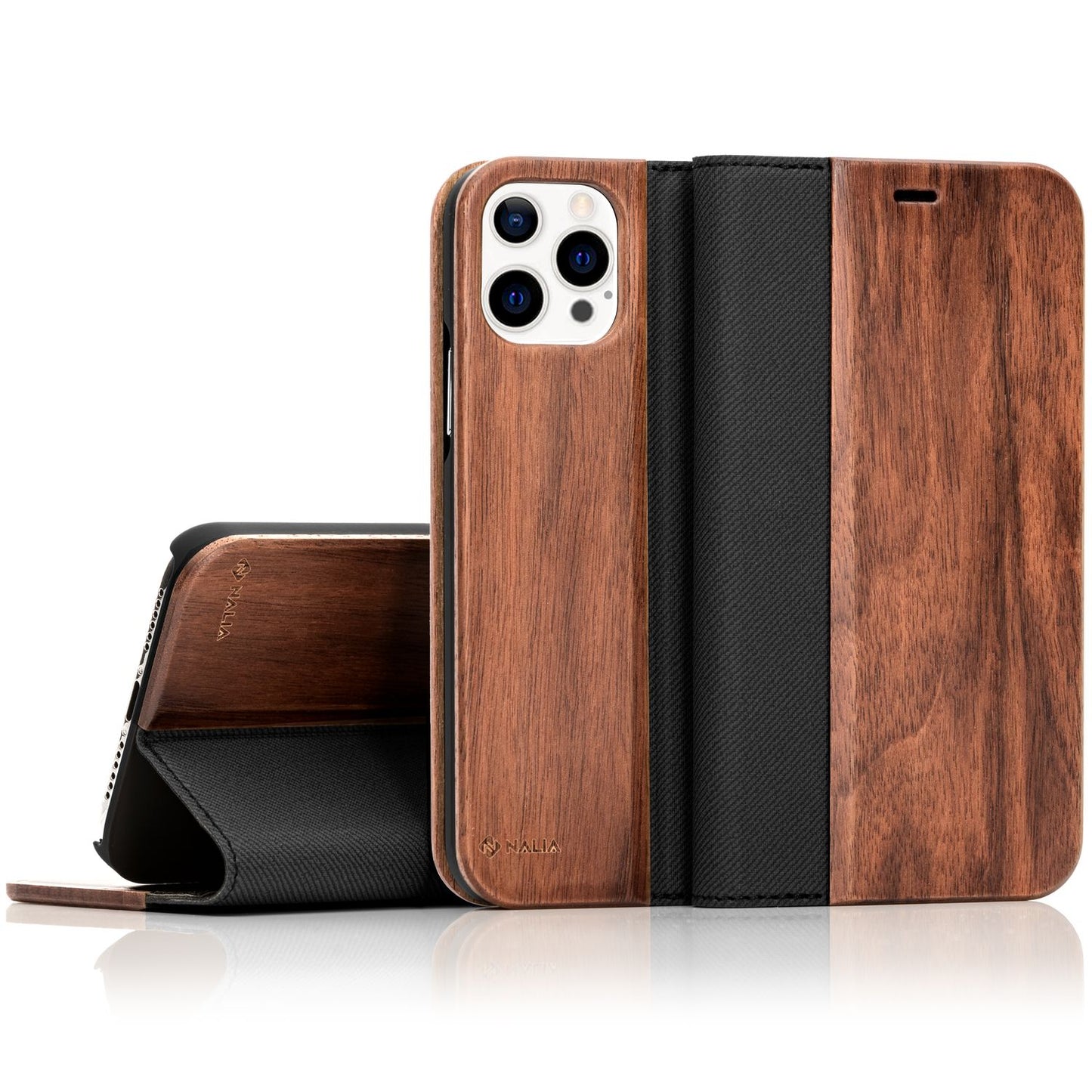 Echt-Holz Flipcase für iPhone 13 Pro, Natur Holzhülle mit Standfunktion & Kartenfach, Rundum-Schutz Handyhülle - Walnuss