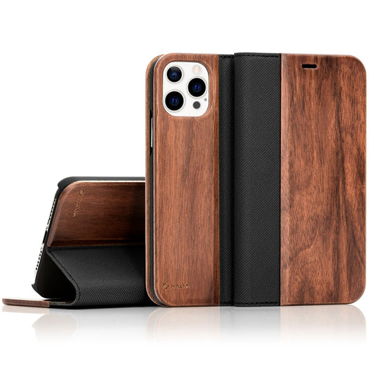Echt-Holz Flipcase für iPhone 13 Pro, Natur Holzhülle mit Standfunktion & Kartenfach, Rundum-Schutz Handyhülle - Walnuss