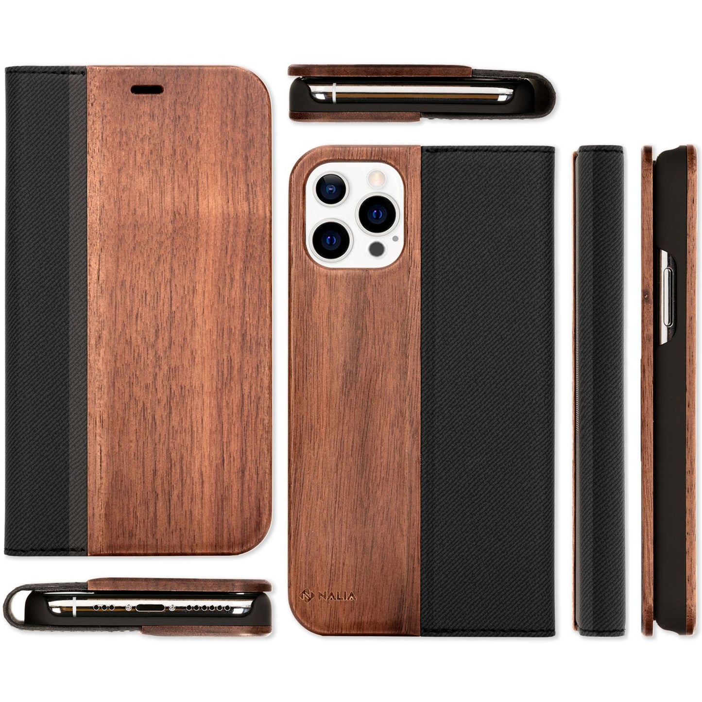Echt-Holz Flipcase für iPhone 13 Pro, Natur Holzhülle mit Standfunktion & Kartenfach, Rundum-Schutz Handyhülle - Walnuss
