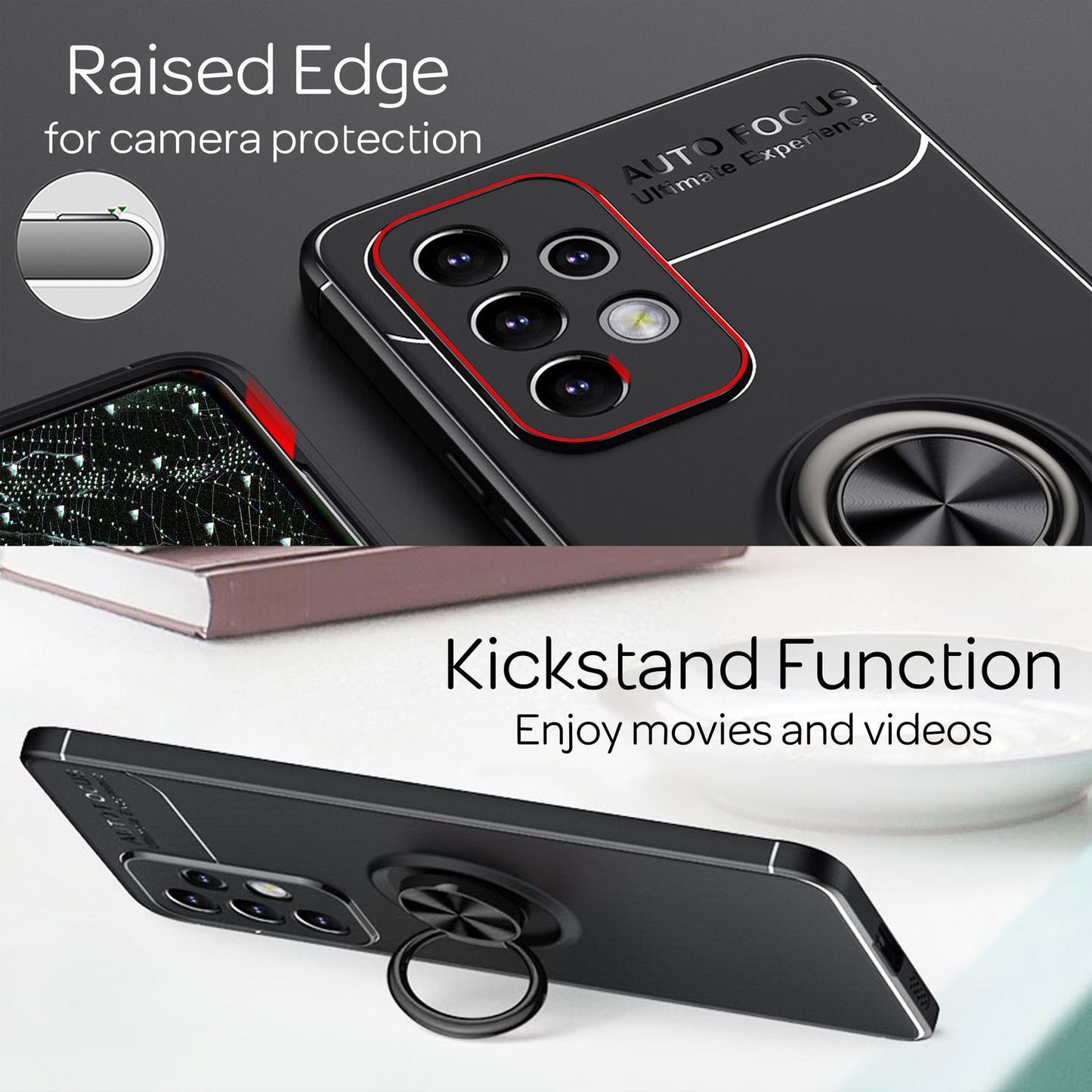 Matt-Schwarze Ringhülle für Samsung Galaxy A53, Handyhülle mit 360° Ring für Standfunktion & KFZ-Halterung, Robust Rutschfest Stoßfest, Silikon Hülle Case Schutzhülle