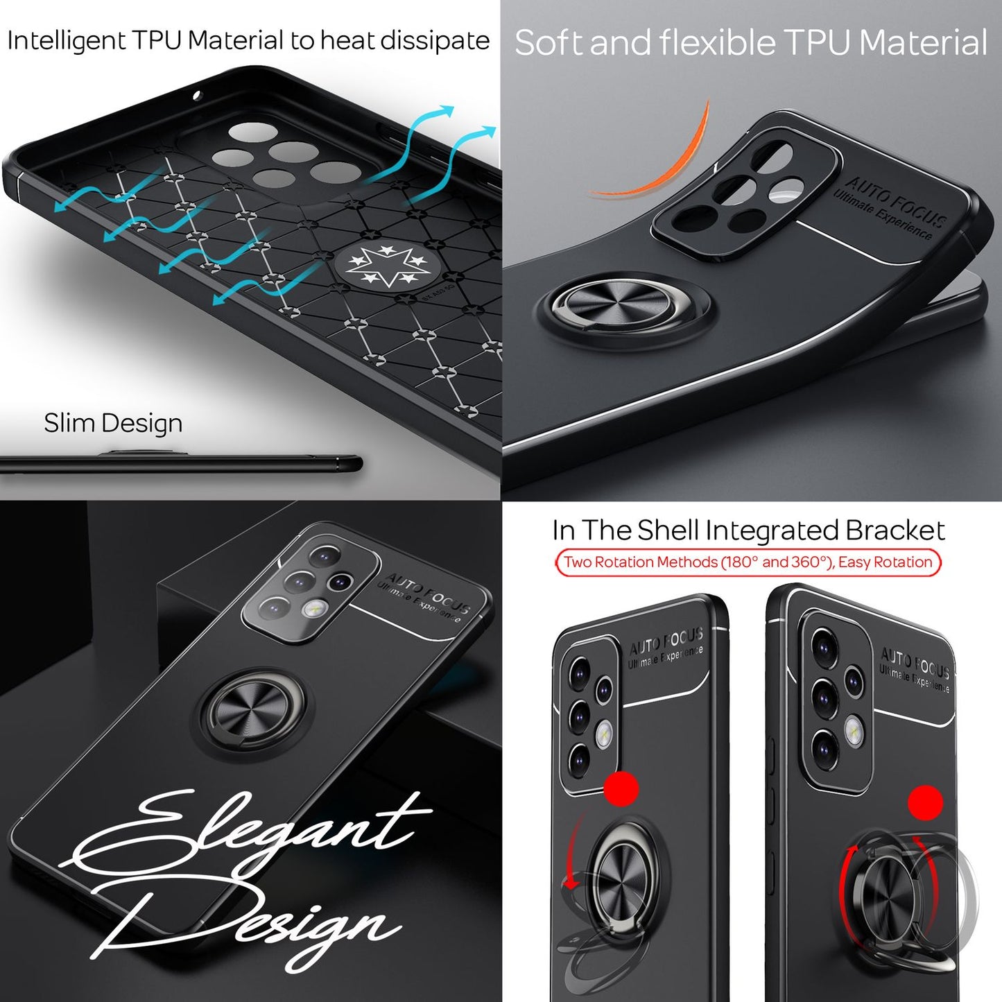 Matt-Schwarze Ringhülle für Samsung Galaxy A53, Handyhülle mit 360° Ring für Standfunktion & KFZ-Halterung, Robust Rutschfest Stoßfest, Silikon Hülle Case Schutzhülle