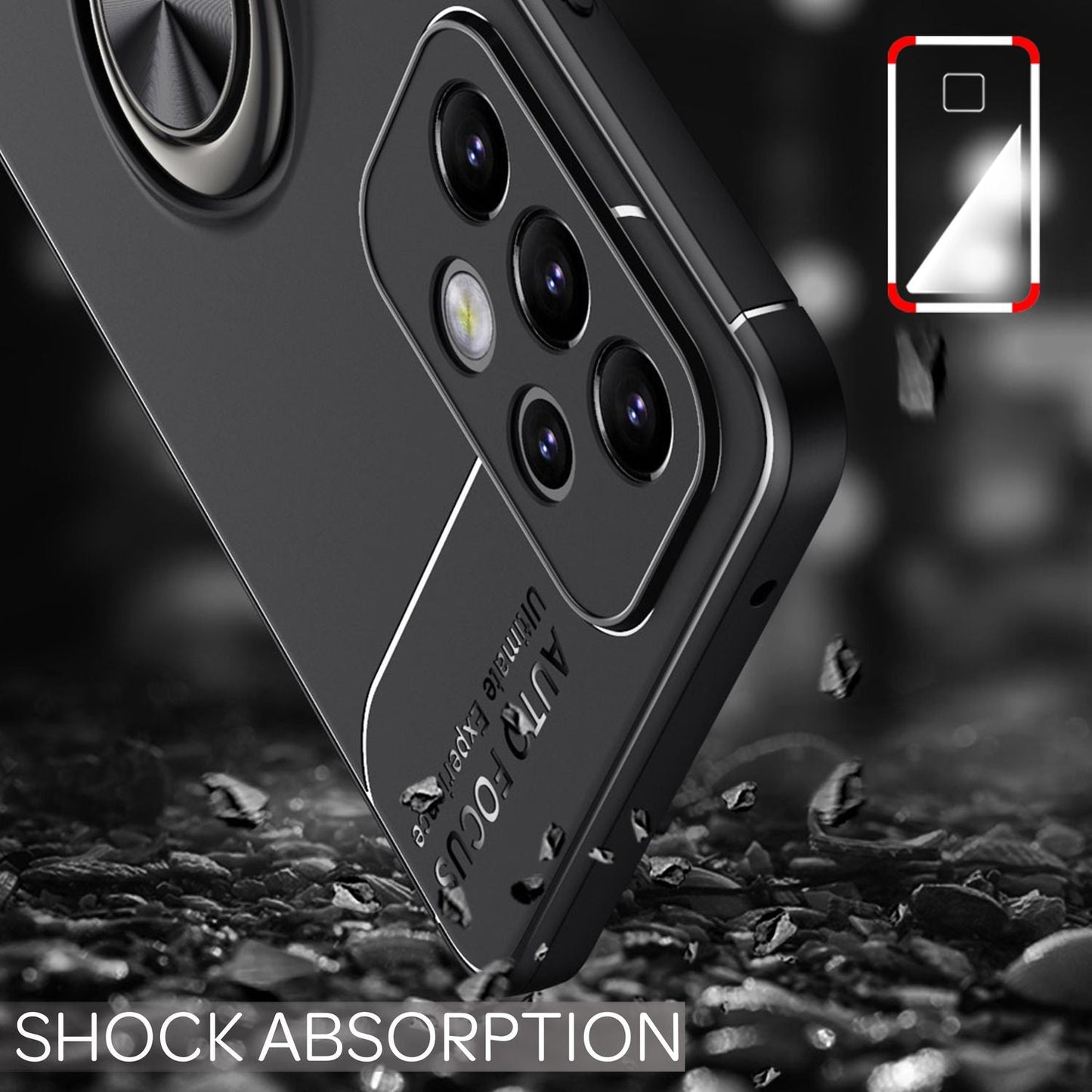 Matt-Schwarze Ringhülle für Samsung Galaxy A53, Handyhülle mit 360° Ring für Standfunktion & KFZ-Halterung, Robust Rutschfest Stoßfest, Silikon Hülle Case Schutzhülle