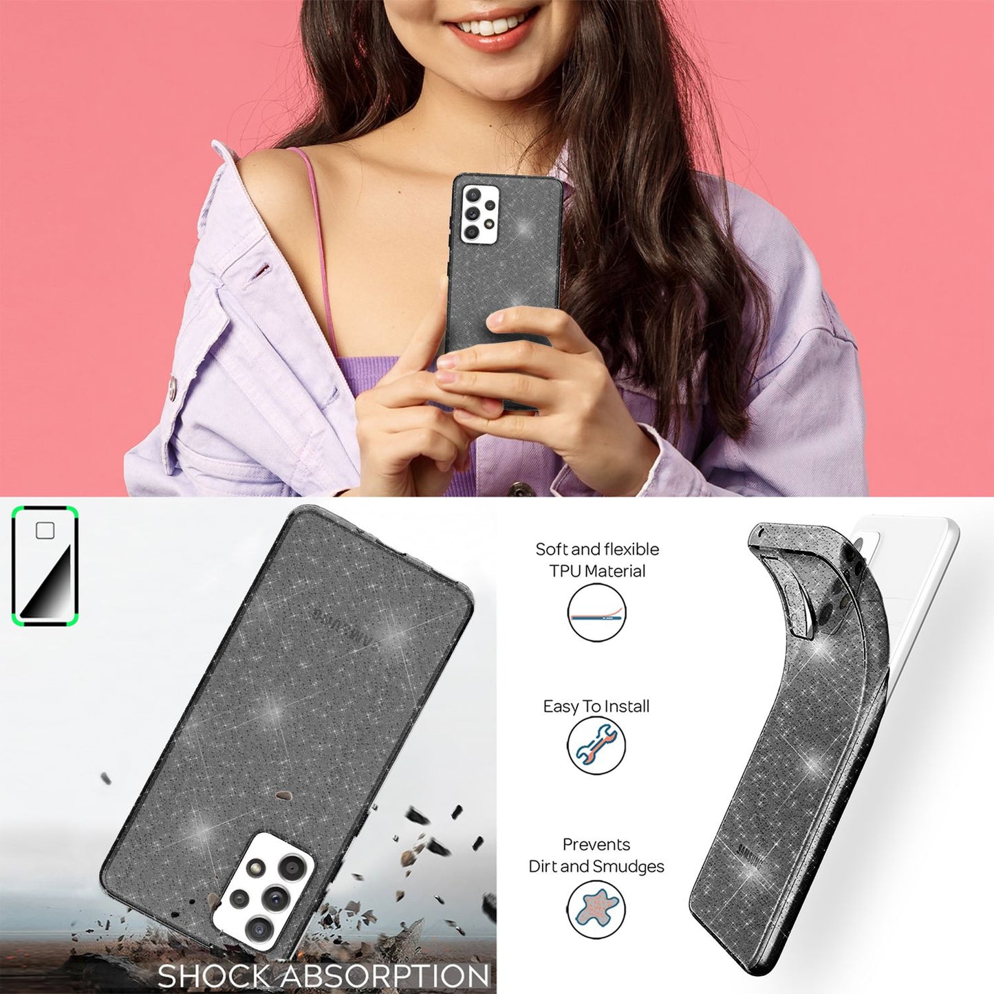 NALIA Klare Glitzerhülle - Transparente TPU Material, Glitzerpartikel, Passform Galaxy A53