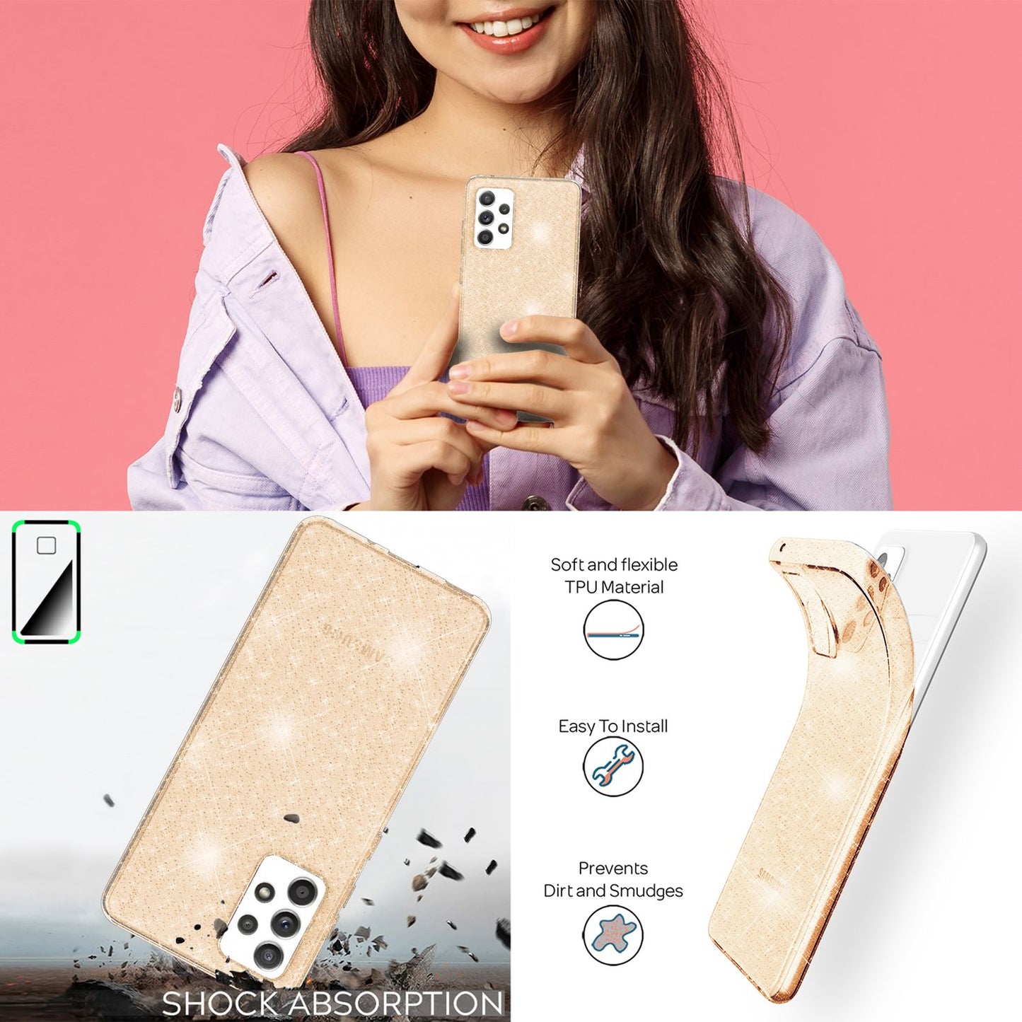 NALIA Klare Glitzerhülle - Transparente TPU Material, Glitzerpartikel, Passform Galaxy A53